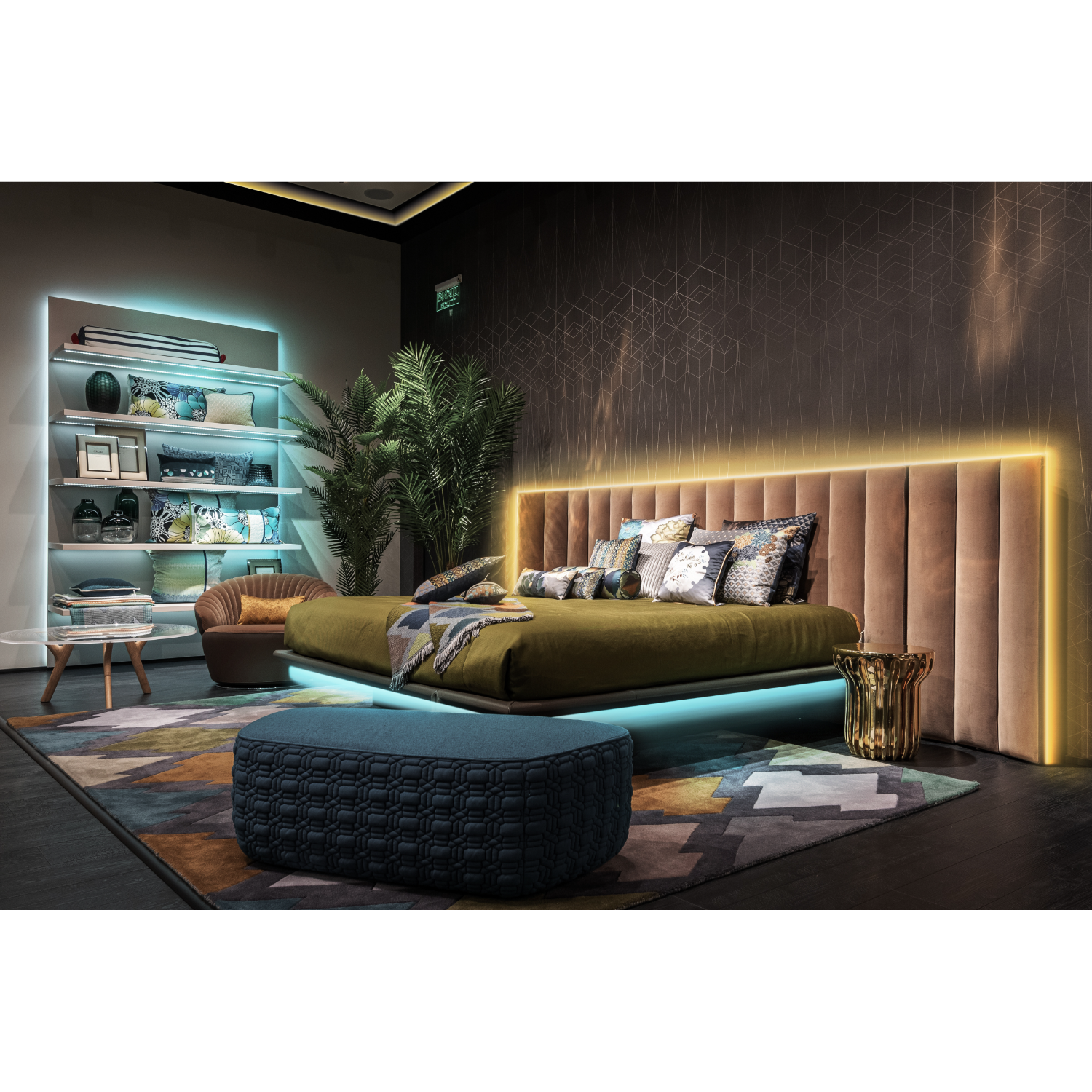 Luxurious bedroom with a bed, side table, and rug. Dark tones.