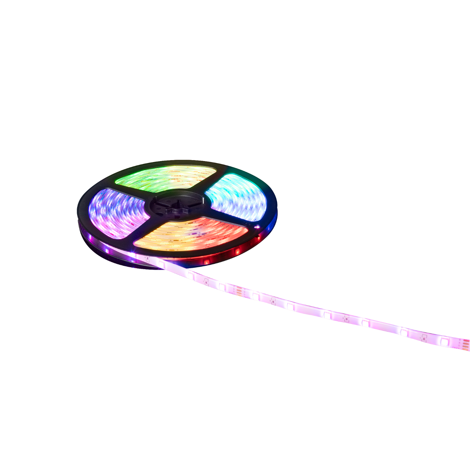 LED strip light, coiled, various colors, black background, a section extending to the right.