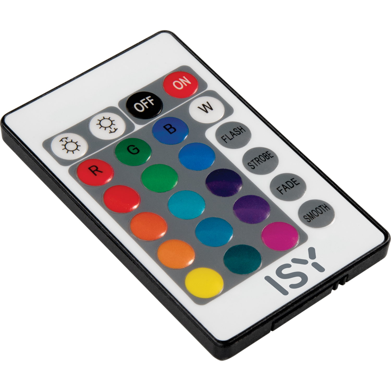 White remote control with colored buttons. Includes red, green, and blue buttons.