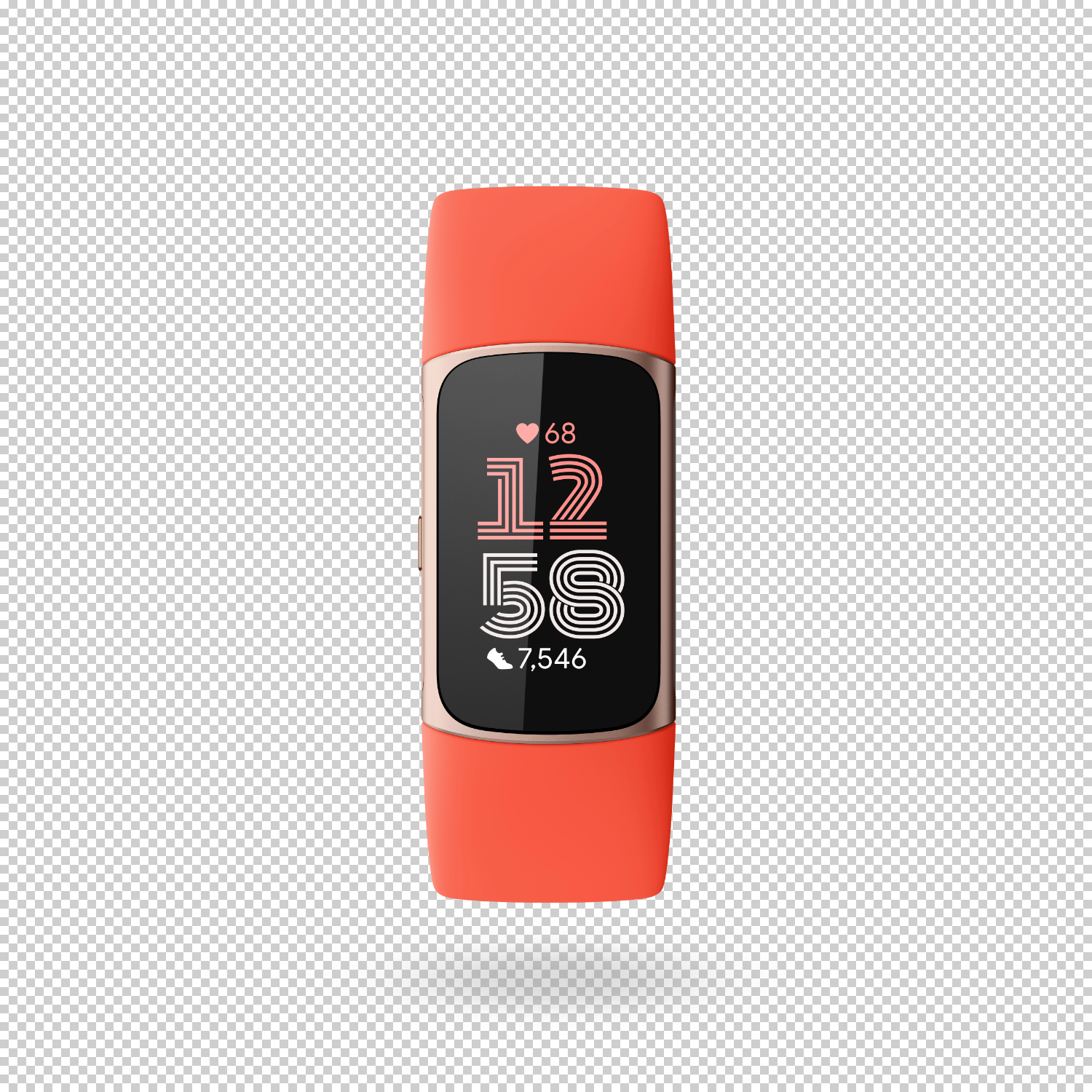 A coral fitness tracker with a black screen showing time, heart rate, and steps.