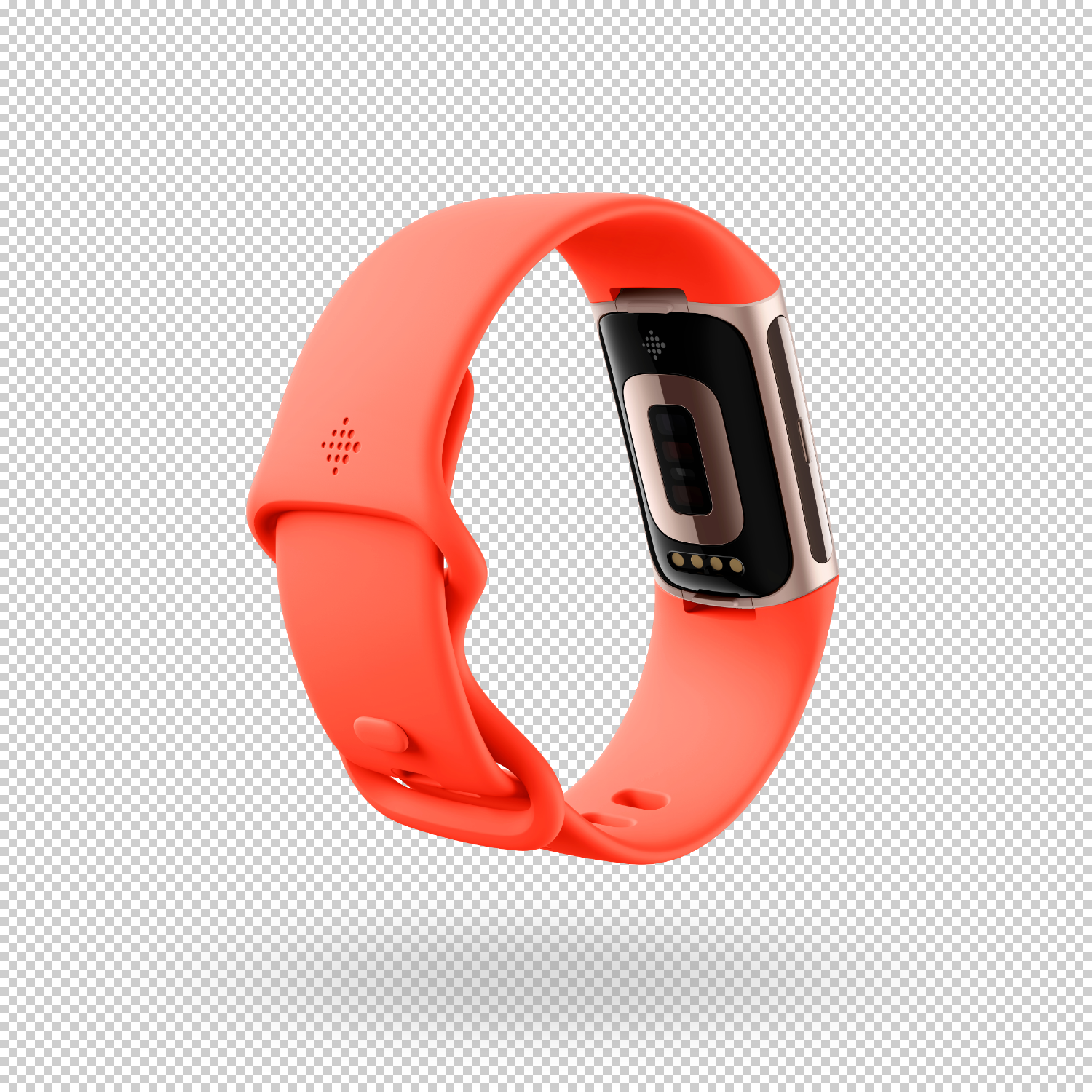 Orange fitness tracker with a black screen and a gold-colored frame. The band is looped.