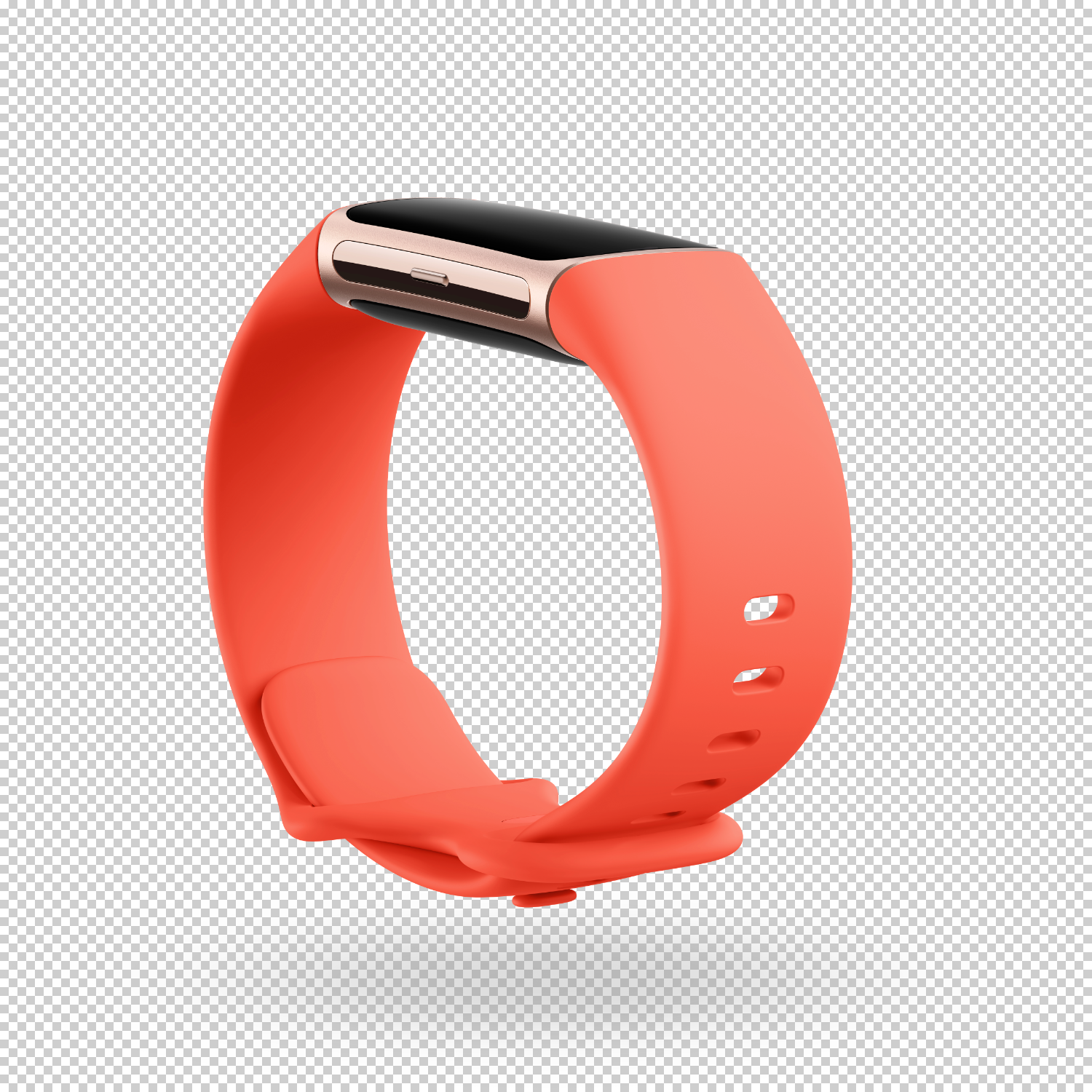 Red coral fitness tracker. It is on a white surface.