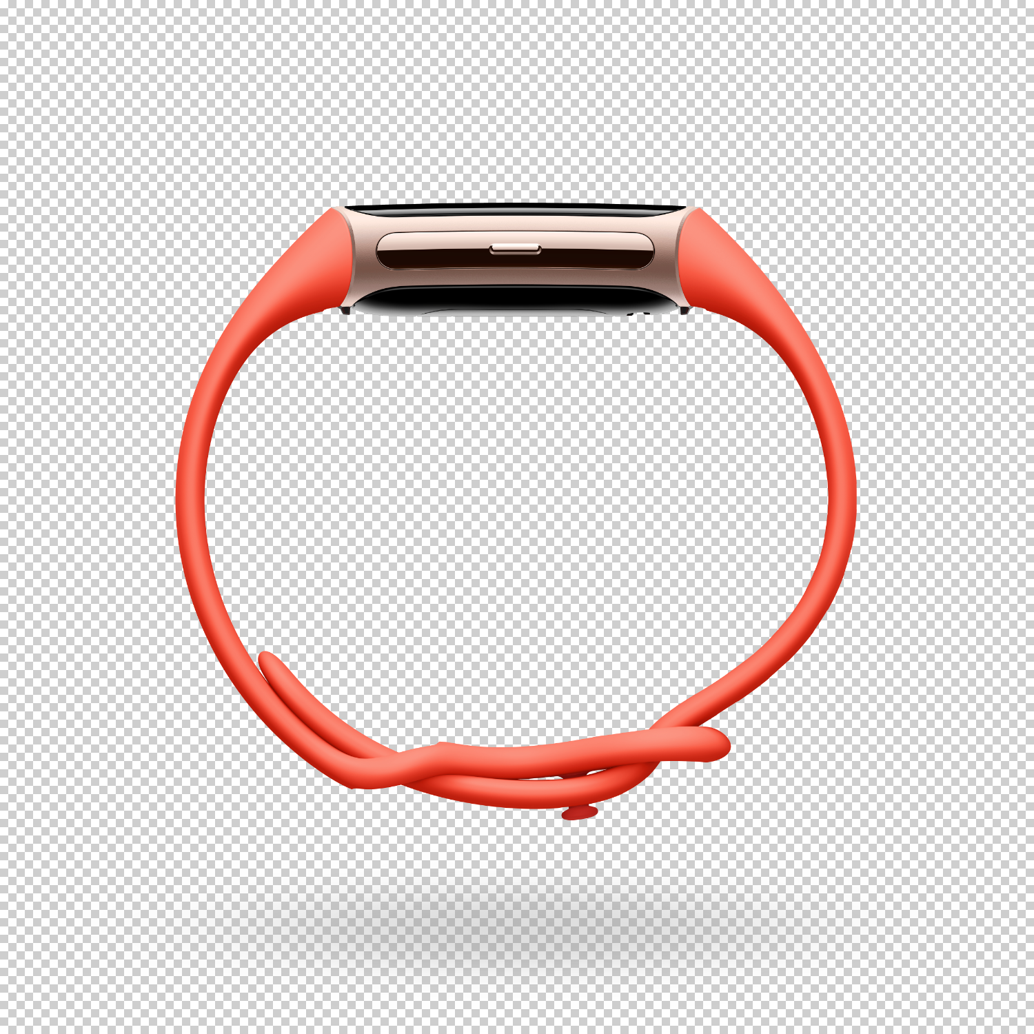 A red fitness tracker with a gold-colored screen, placed on a transparent background.