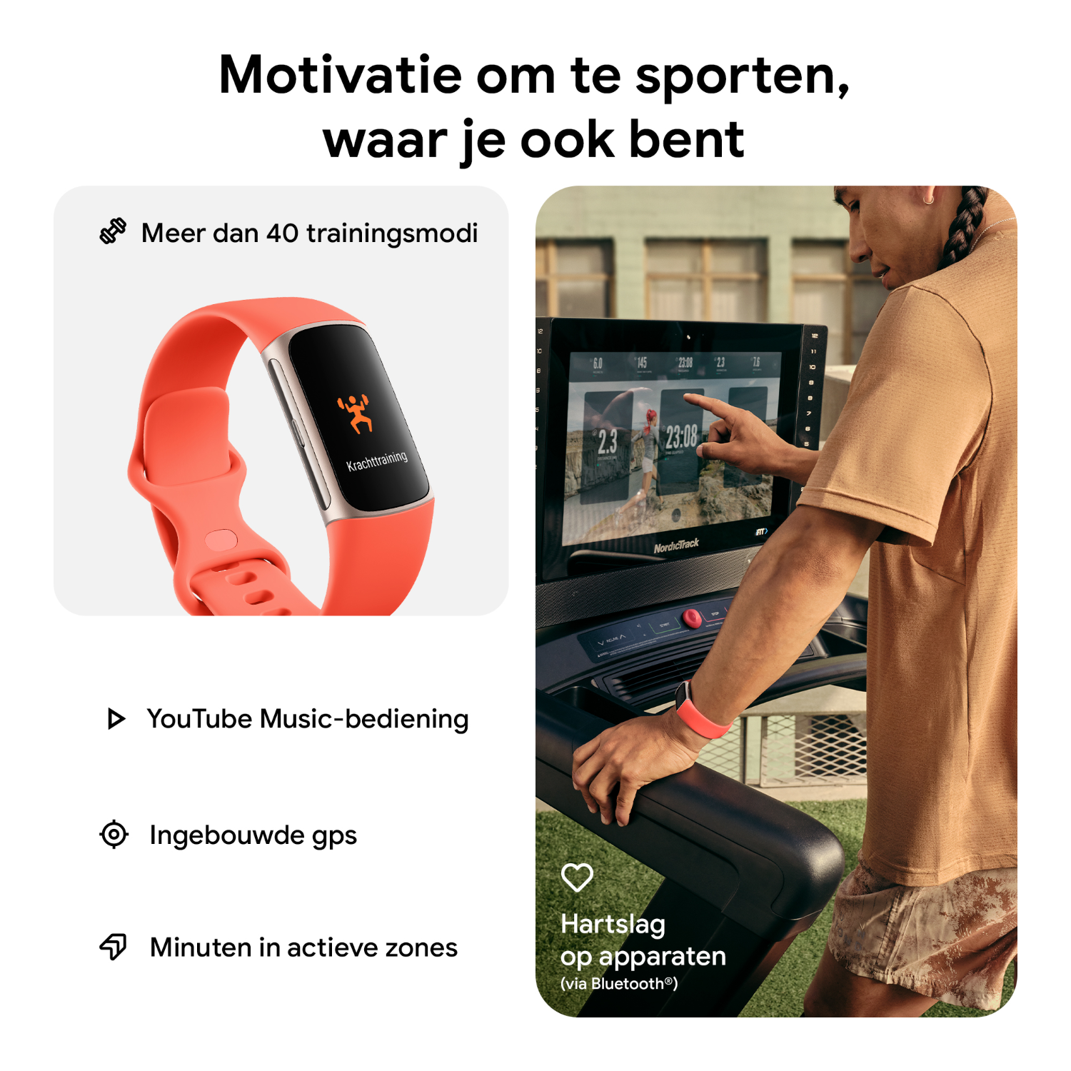 A fitness ad featuring a fitness tracker, a treadmill, and a person exercising.