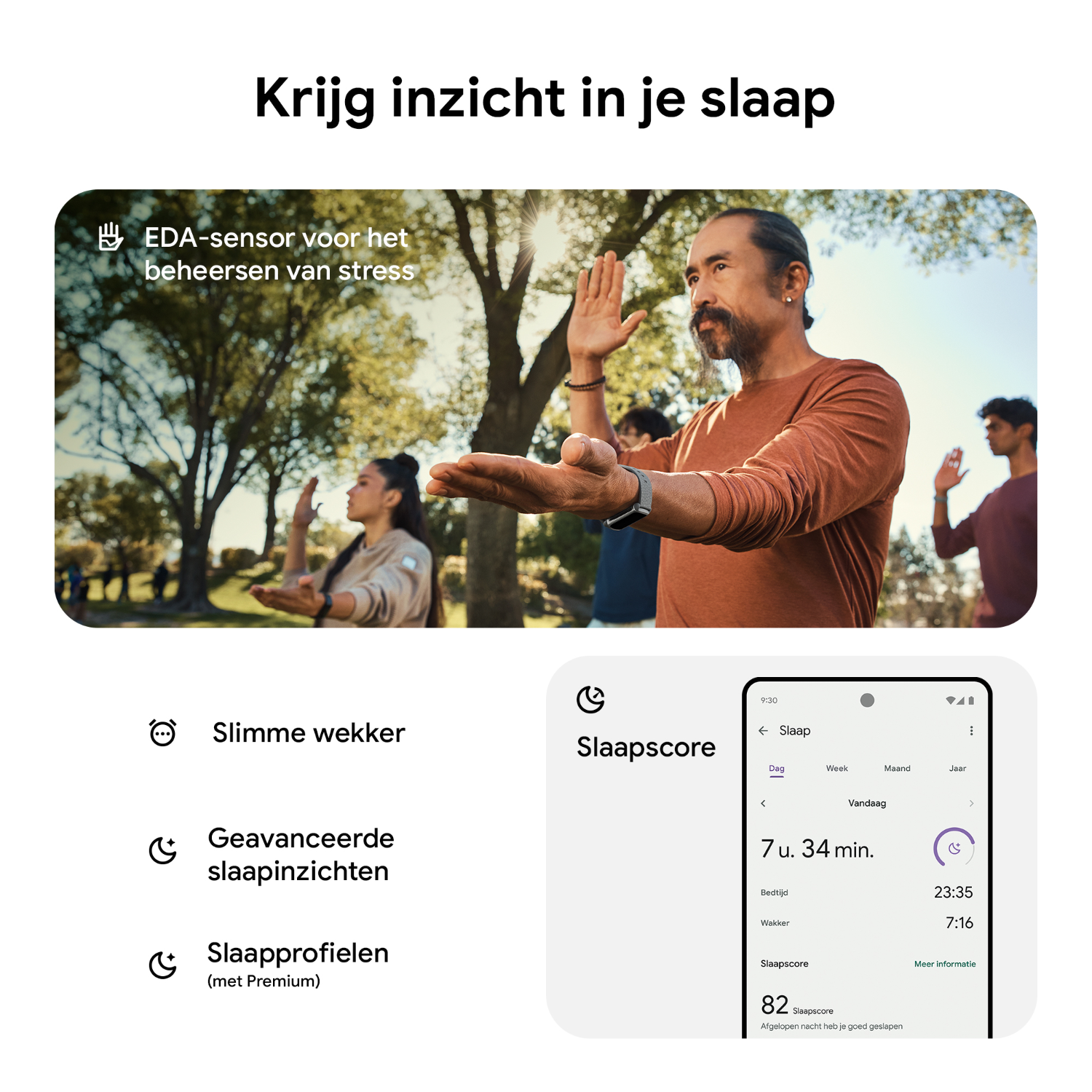 A man and others doing yoga. A smartwatch screen shows sleep data.