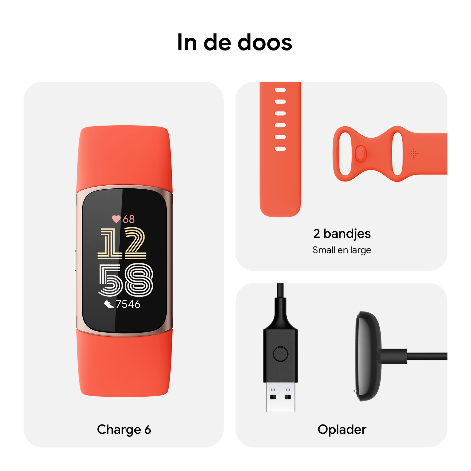 Three images showing a fitness tracker, extra bands and a charger.