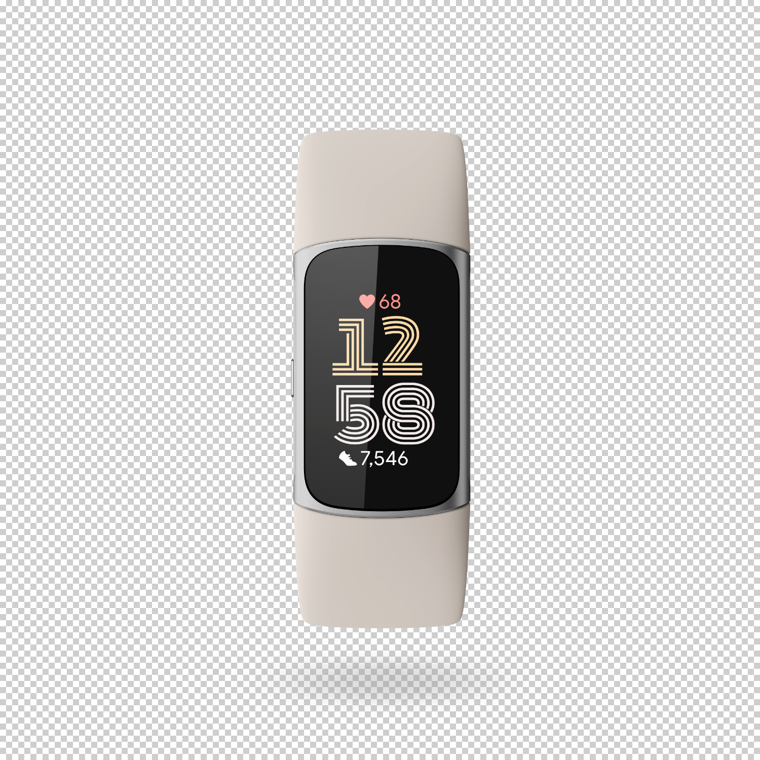 Een beige smartwatch met een zwart scherm met cijfers en een hartpictogram.