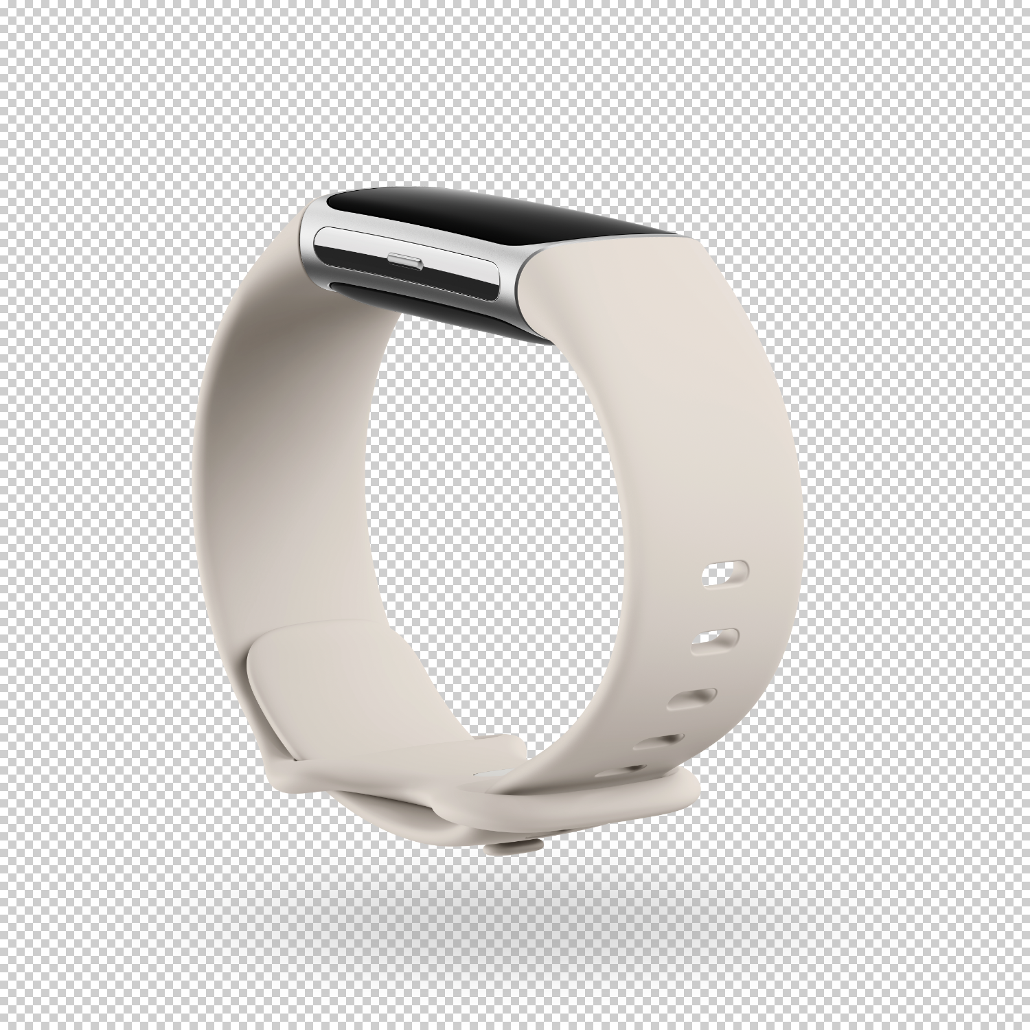 Crèmekleurige smartwatch met zwart scherm en zilveren accenten. Geïsoleerd op transparante achtergrond.