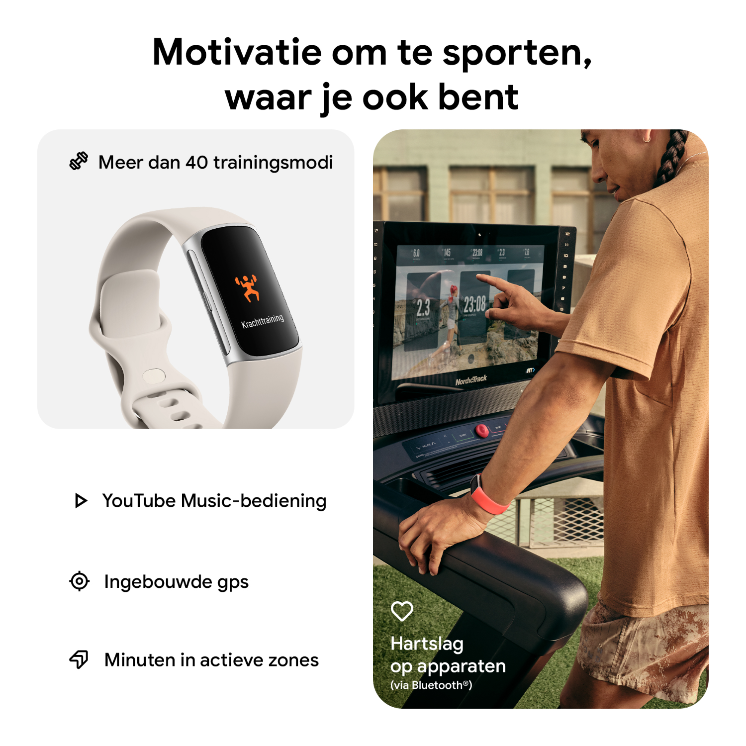 Een advertentie met een fitnesstracker en een man die rent.