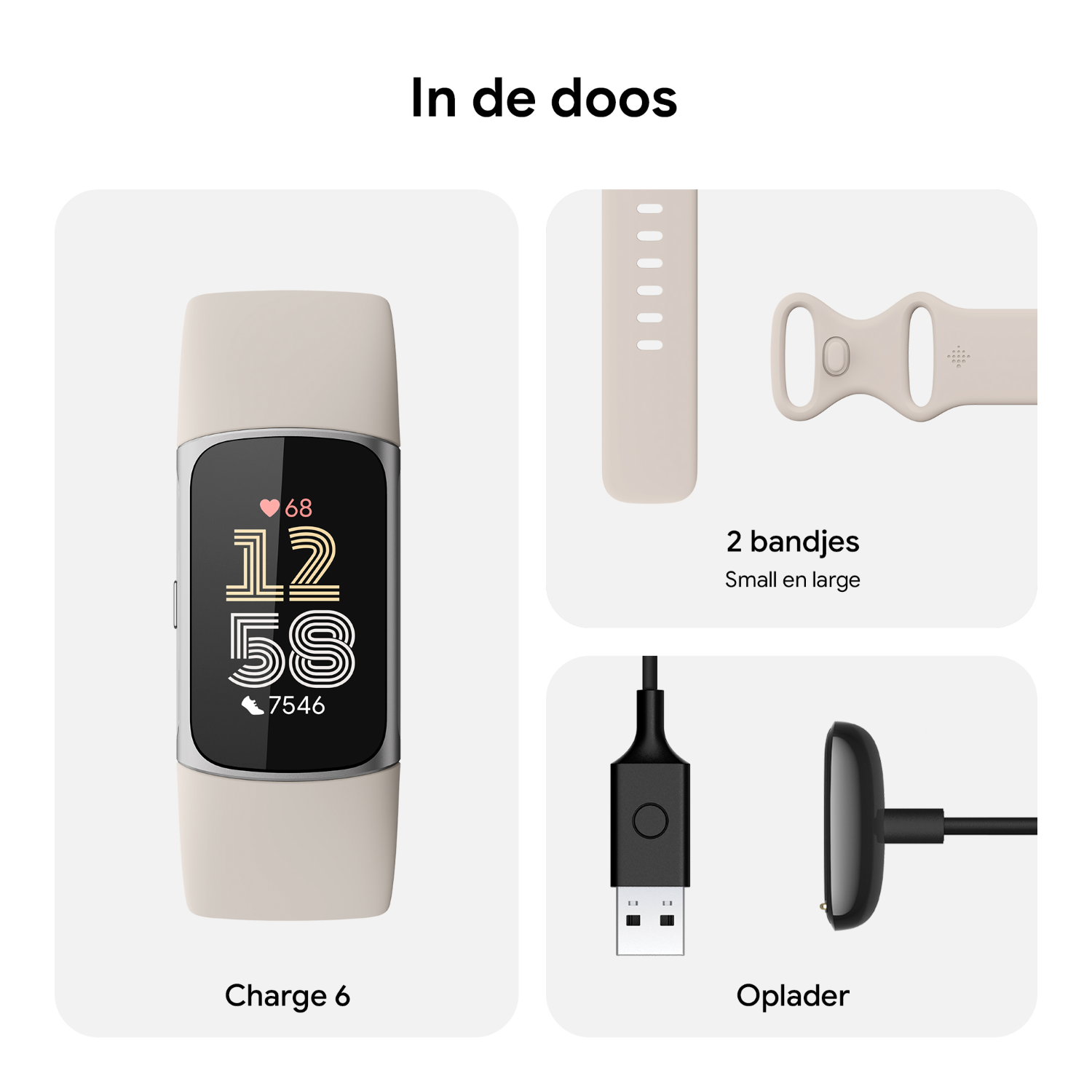 Fitbit Charge 6, twee bandjes en oplader. De smartwatch staat links en toont tijd en hartslag.