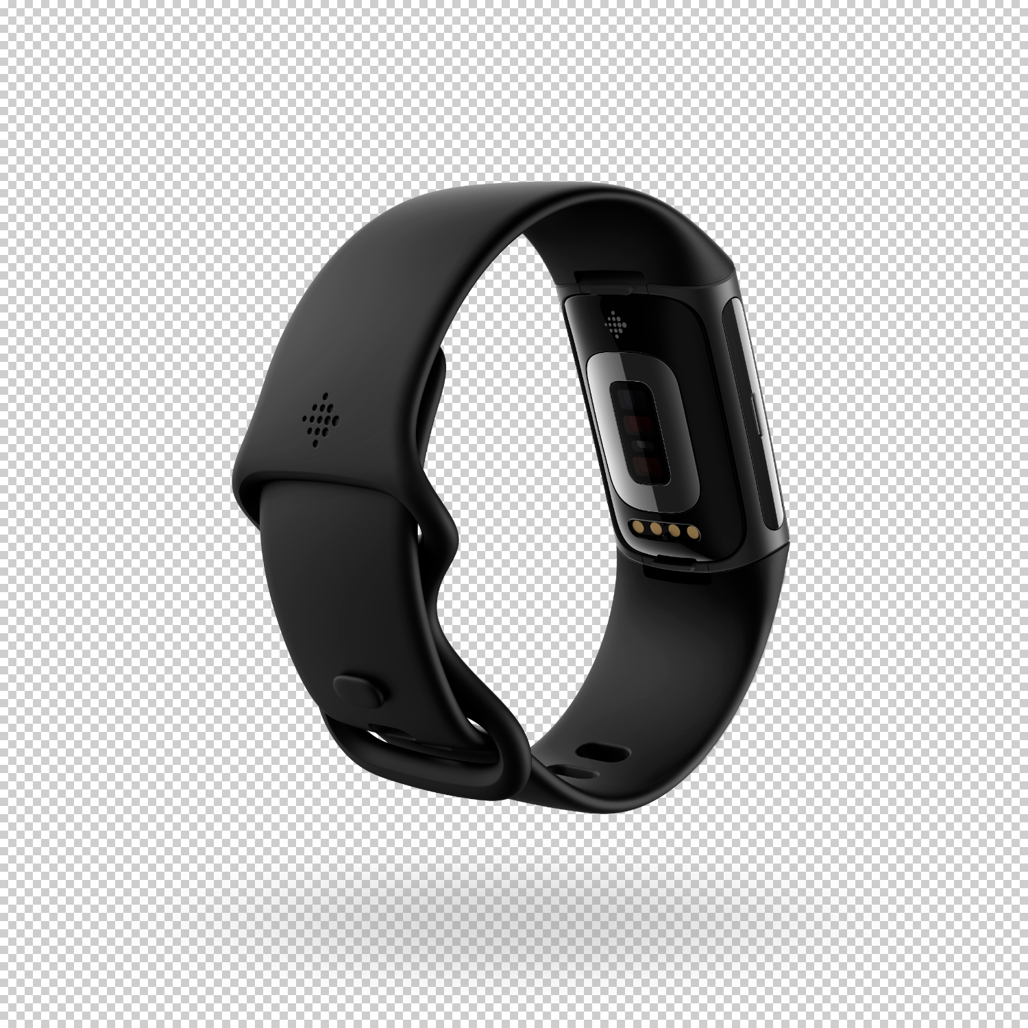 Zwarte fitnesstracker met een scherm en band. Witte achtergrond.