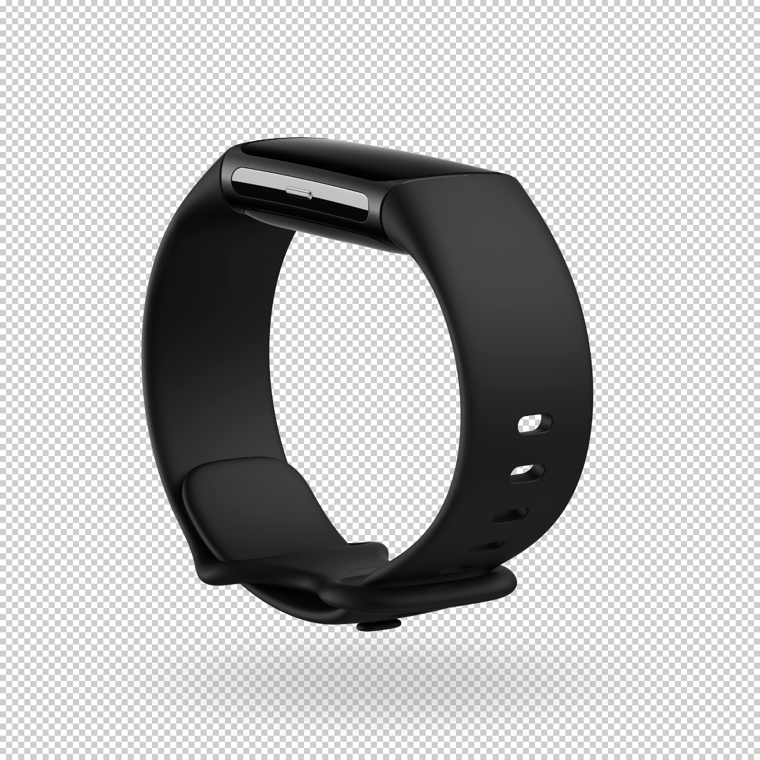 Zwarte fitness tracker polsband. De band is gelust en toont het ontwerp en de vorm.