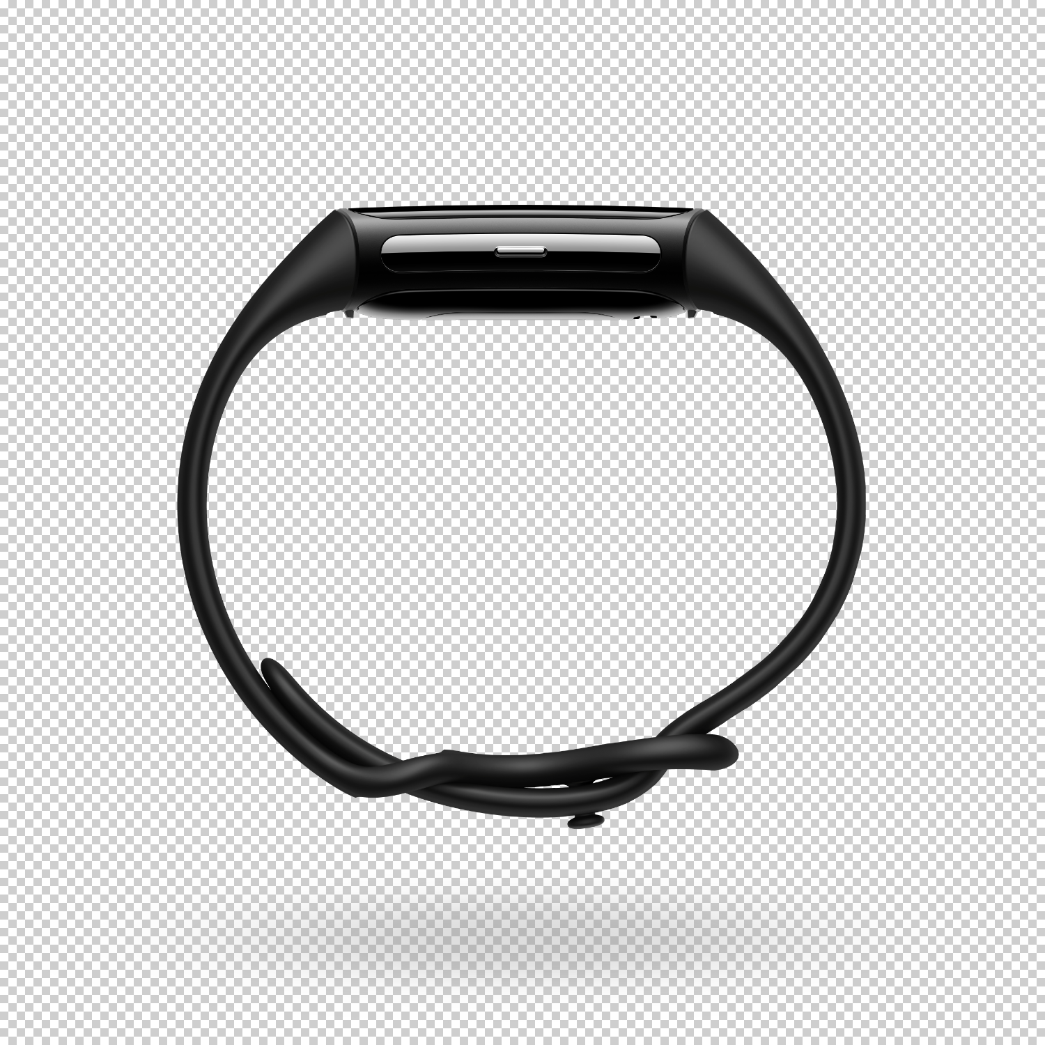 Een zwarte fitnesstracker met een cirkelvormig ontwerp en een sluiting.