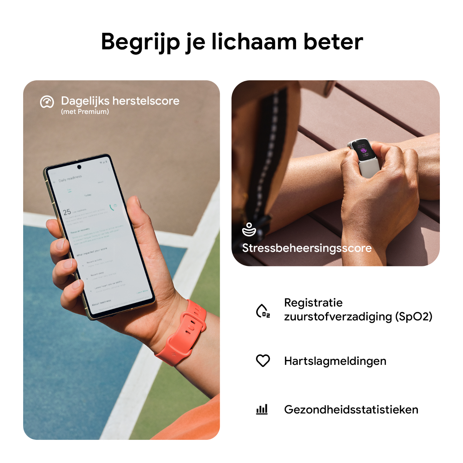 Hand houdt smartphone met gezondheidsgegevens vast, naast polsapparaat met statistieken.