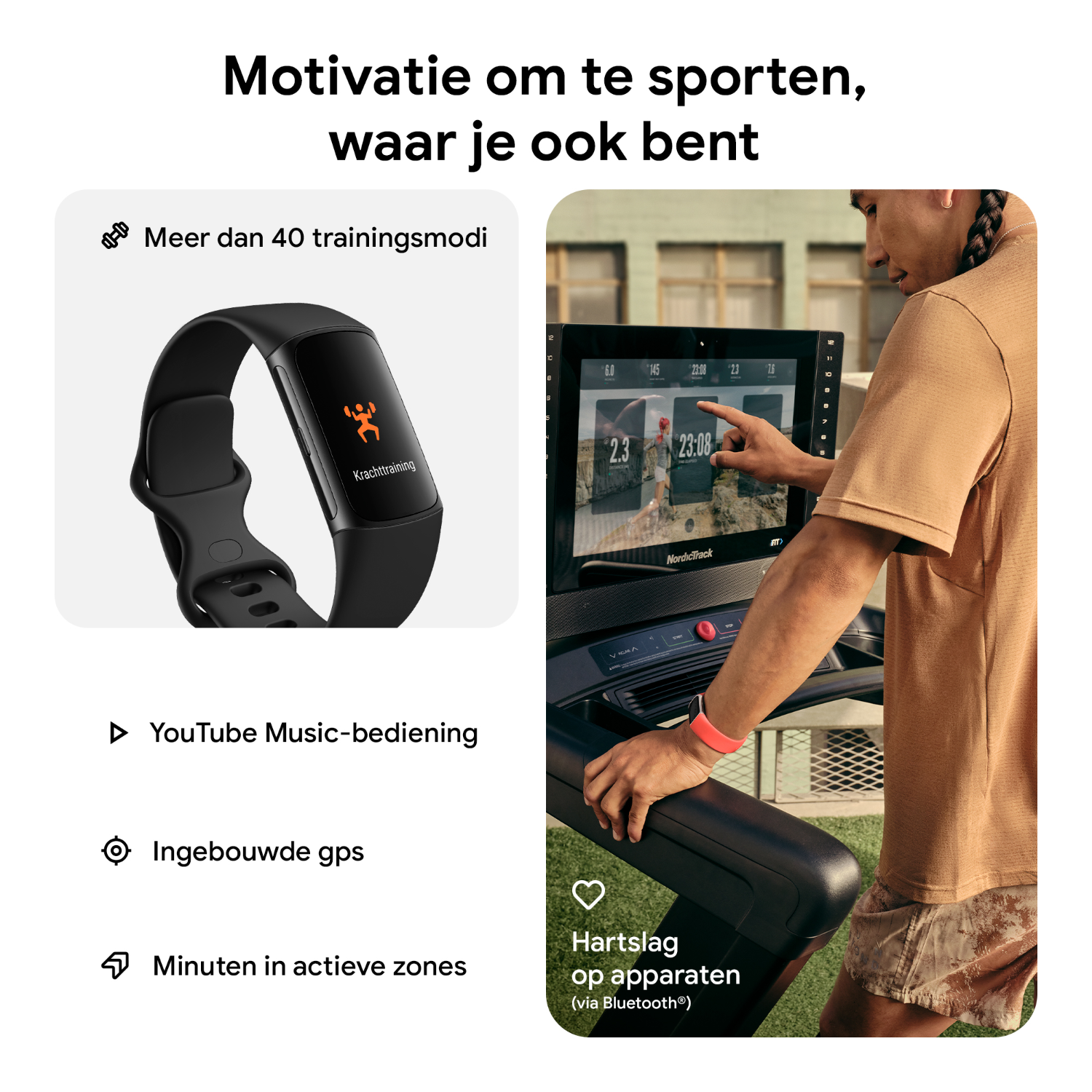 Fitnesstracker met tekst die trainingsmodi beschrijft, een man op een loopband en extra pictogrammen.