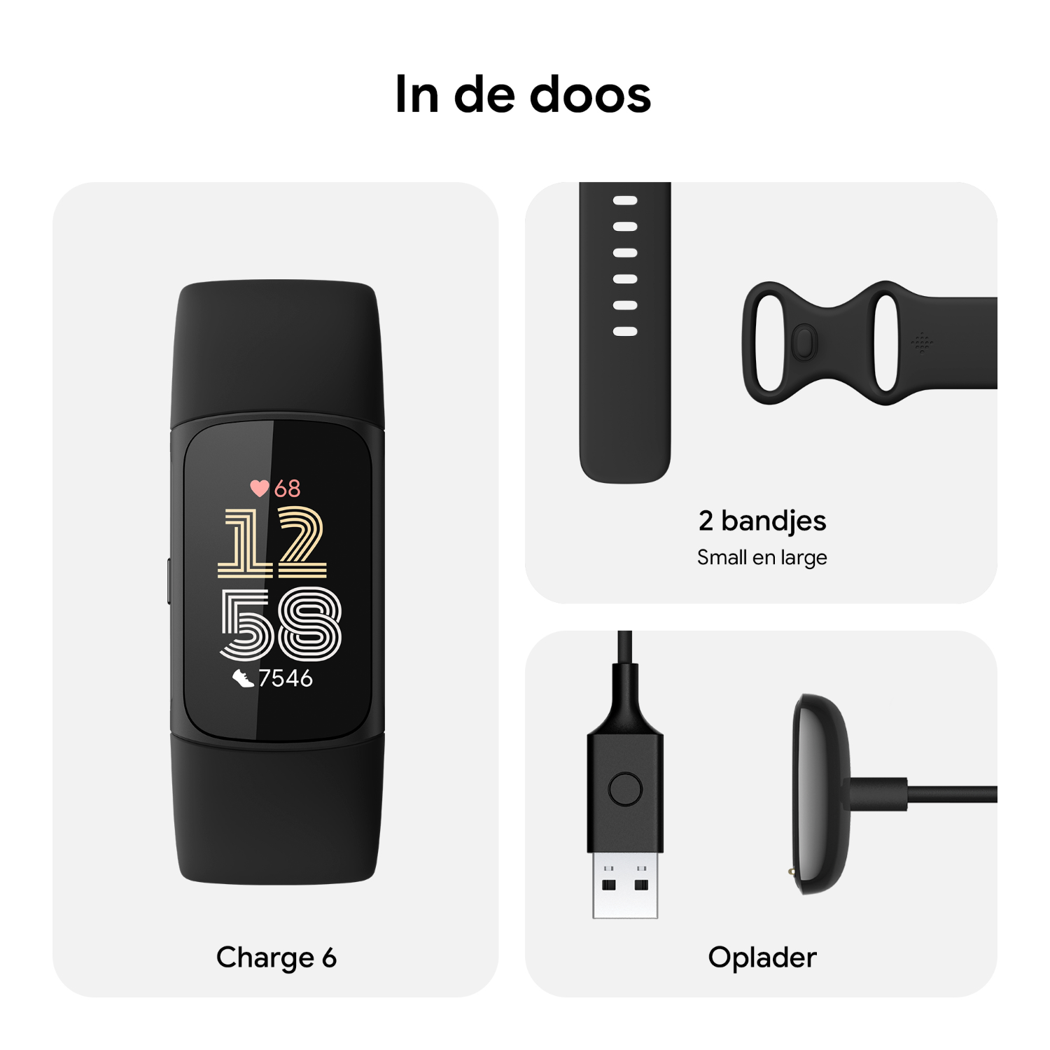 Zwarte fitnesstracker met scherm, twee bandjes en oplader. Scherm toont 12:58 en 7546.