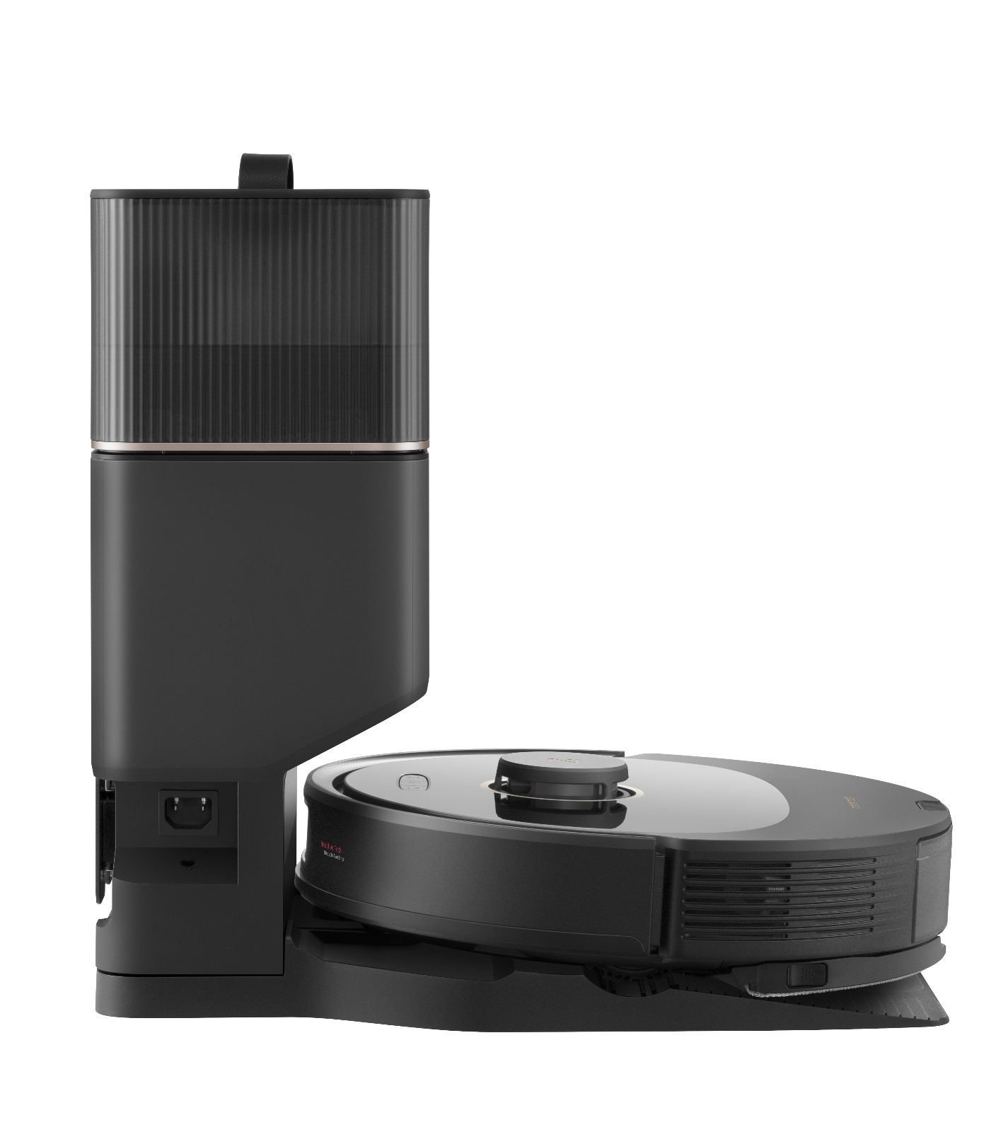 Şarj istasyonlu siyah robot süpürge. İstasyon, şarj portu ve toz haznesi ile siyahtır.