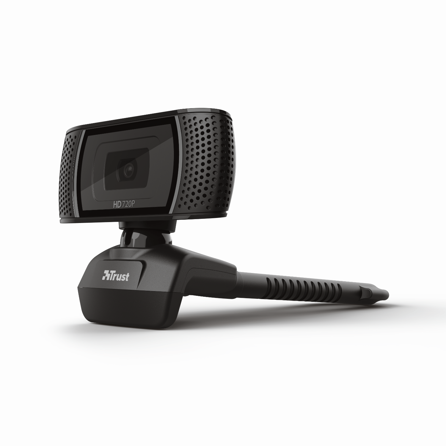 Zwarte webcam op een standaard, met een lens en een geperforeerde voorkant, geïsoleerd op wit.