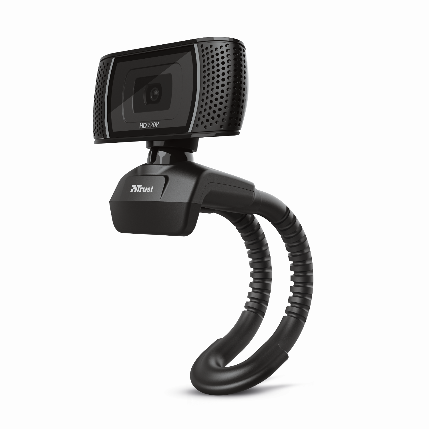 Zwarte webcam met een flexibele arm. Het staat voor een witte achtergrond.
