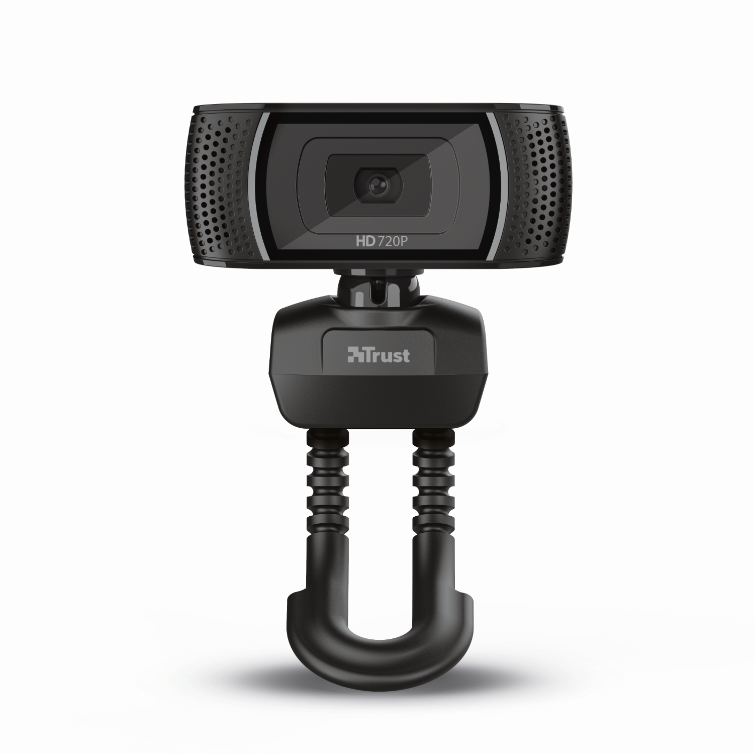 Een zwarte webcam met een standaard, met HD 720P, op een witte achtergrond.
