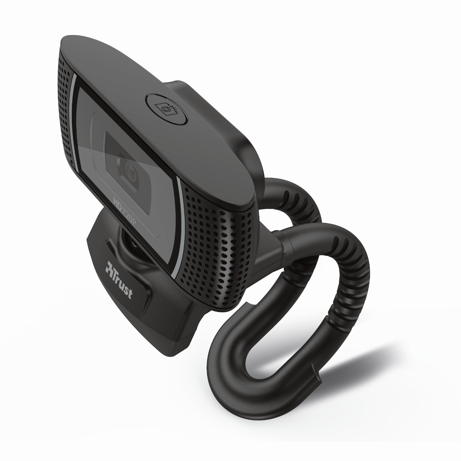 Zwarte webcam met lens, microfoon en Trust-logo.