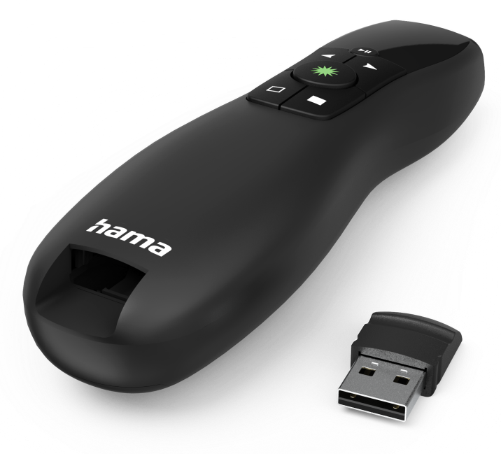 Fekete Hama bemutató. Kézi eszköz gombokkal. USB vevőegység mellette.