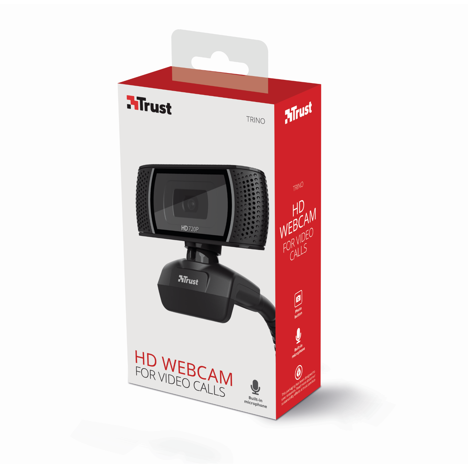 Een Trust Trino HD webcam in de doos. De doos is rood en wit, met de afbeelding en functies van de webcam.