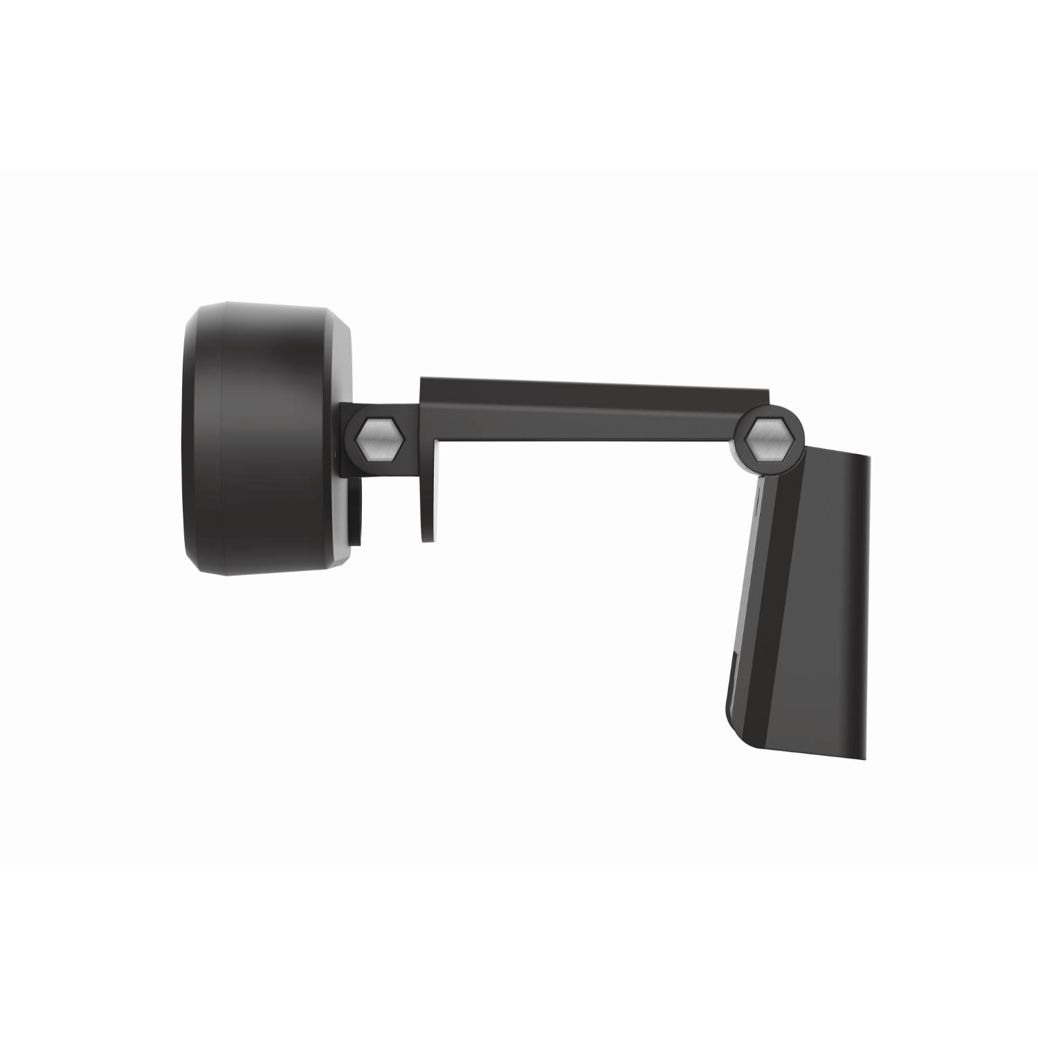 A black device with a round end and a jointed arm is seen from the side, on a white background.