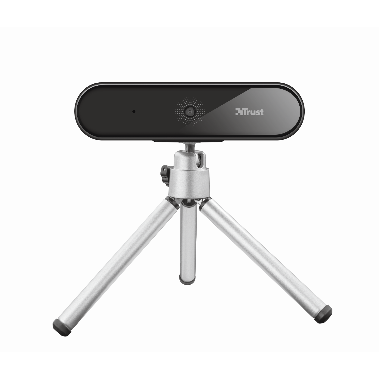 Black webcam on a silver tripod. The webcam has a round lens and the brand name 'Trust'.