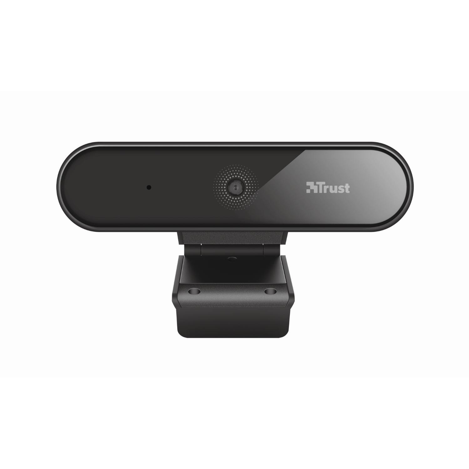 A black webcam with a sleek design, mounted on a black stand.