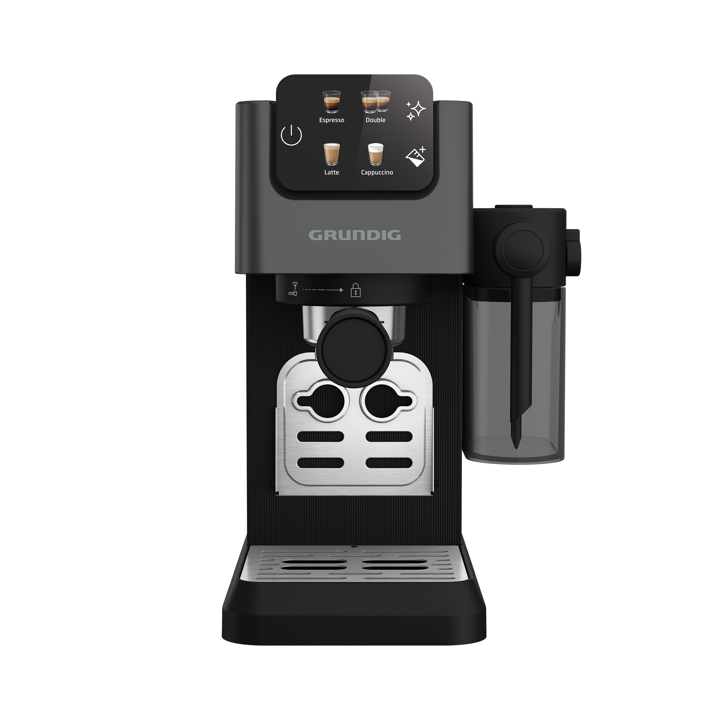 Dokunmatik ekranlı ve çeşitli içecek seçenekleri olan koyu gri Grundig espresso makinesi.
