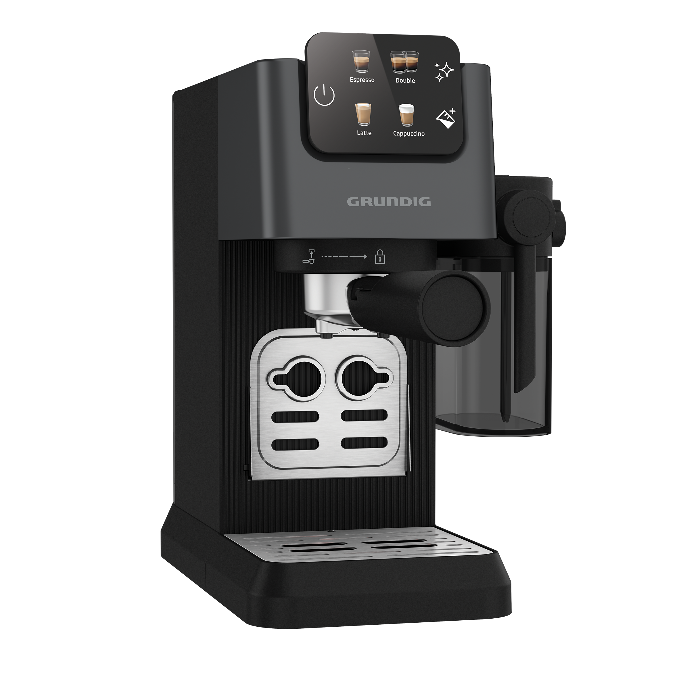Siyah ve gri Grundig espresso makinesi. Espresso, latte ve kapuçino düğmeleri.