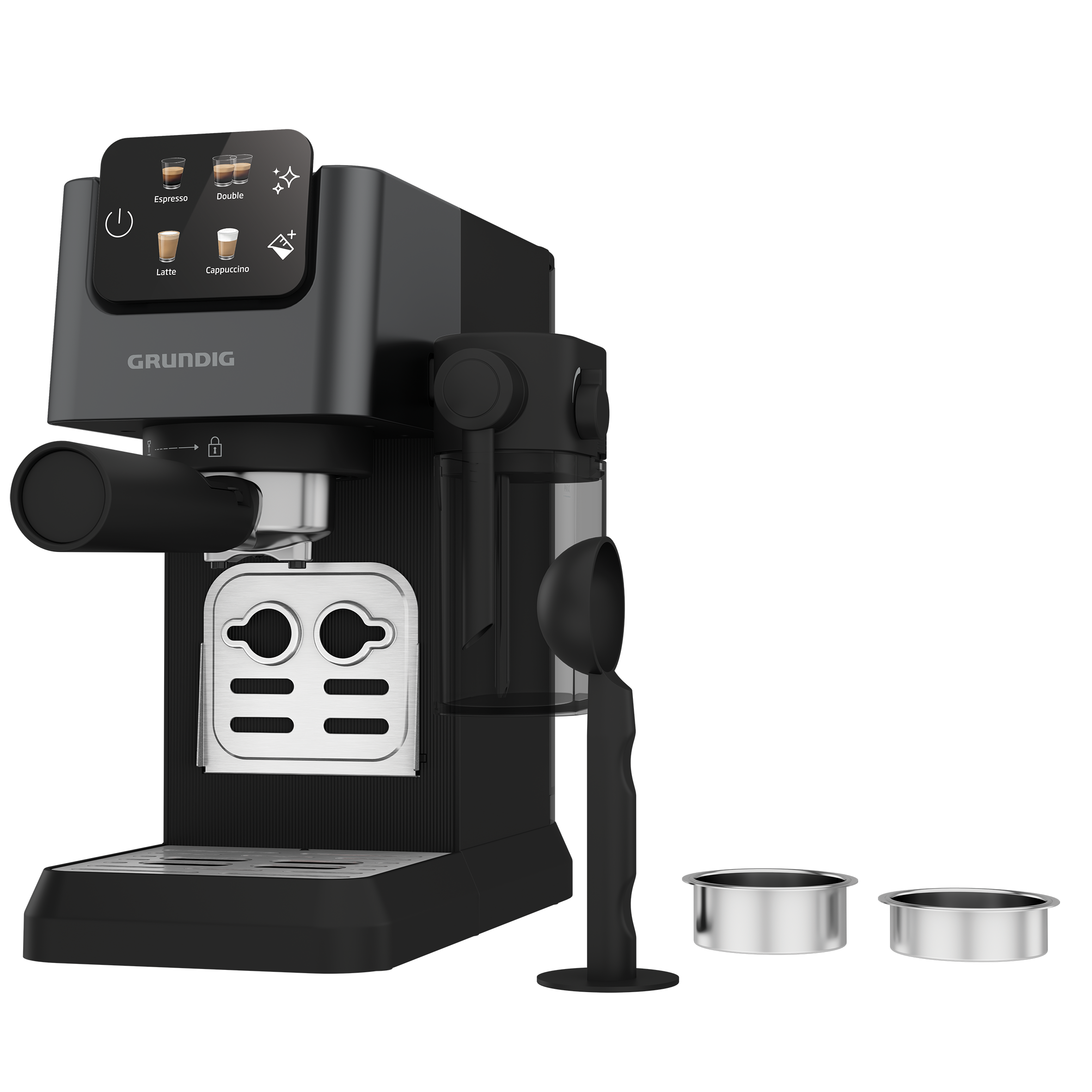 Siyah Grundig espresso makinesi, çeşitli düğmeler ve iki gümüş kahve tutucu.