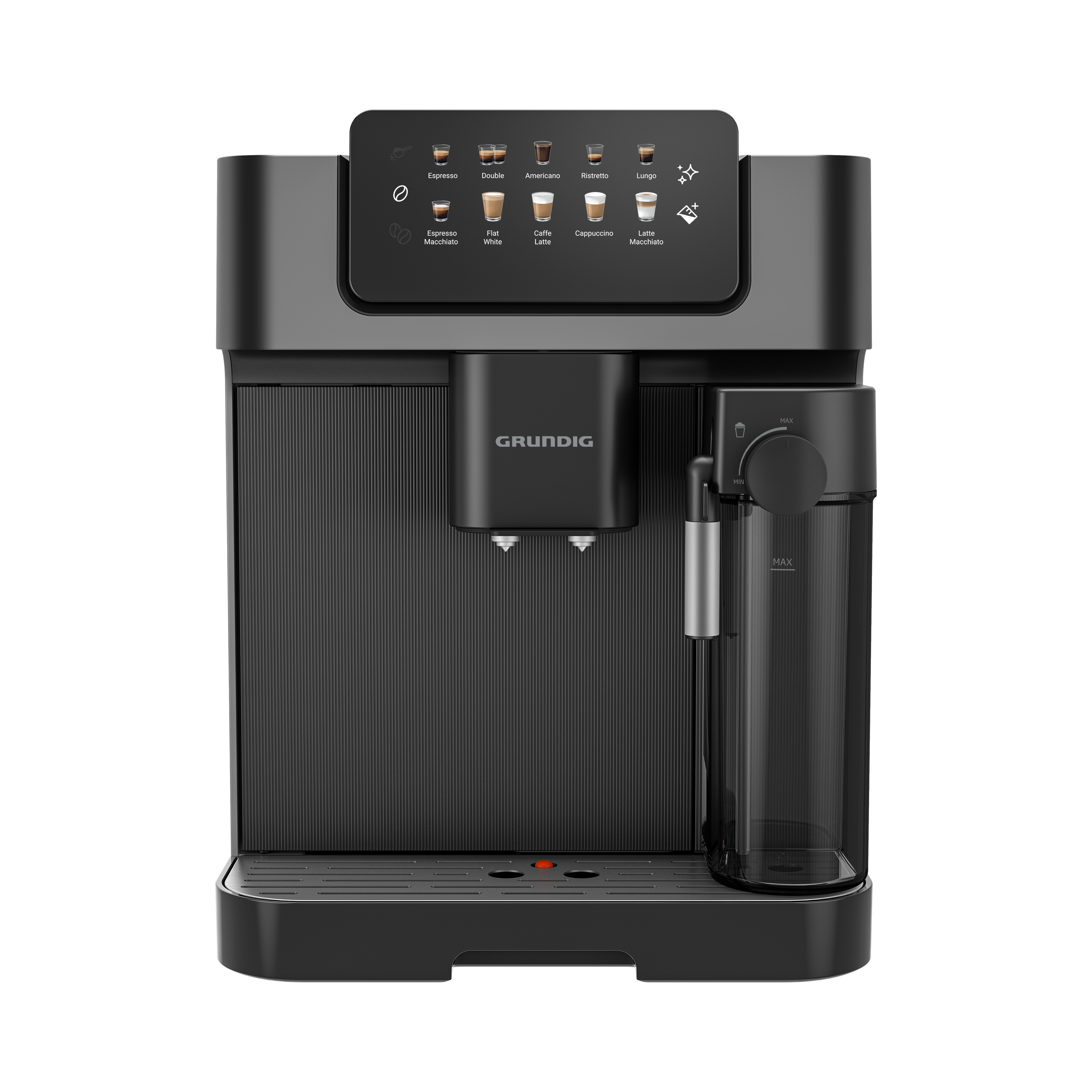 Dokunmatik ekranlı siyah bir Grundig kahve makinesi. Ekranda fincan simgeleri var.