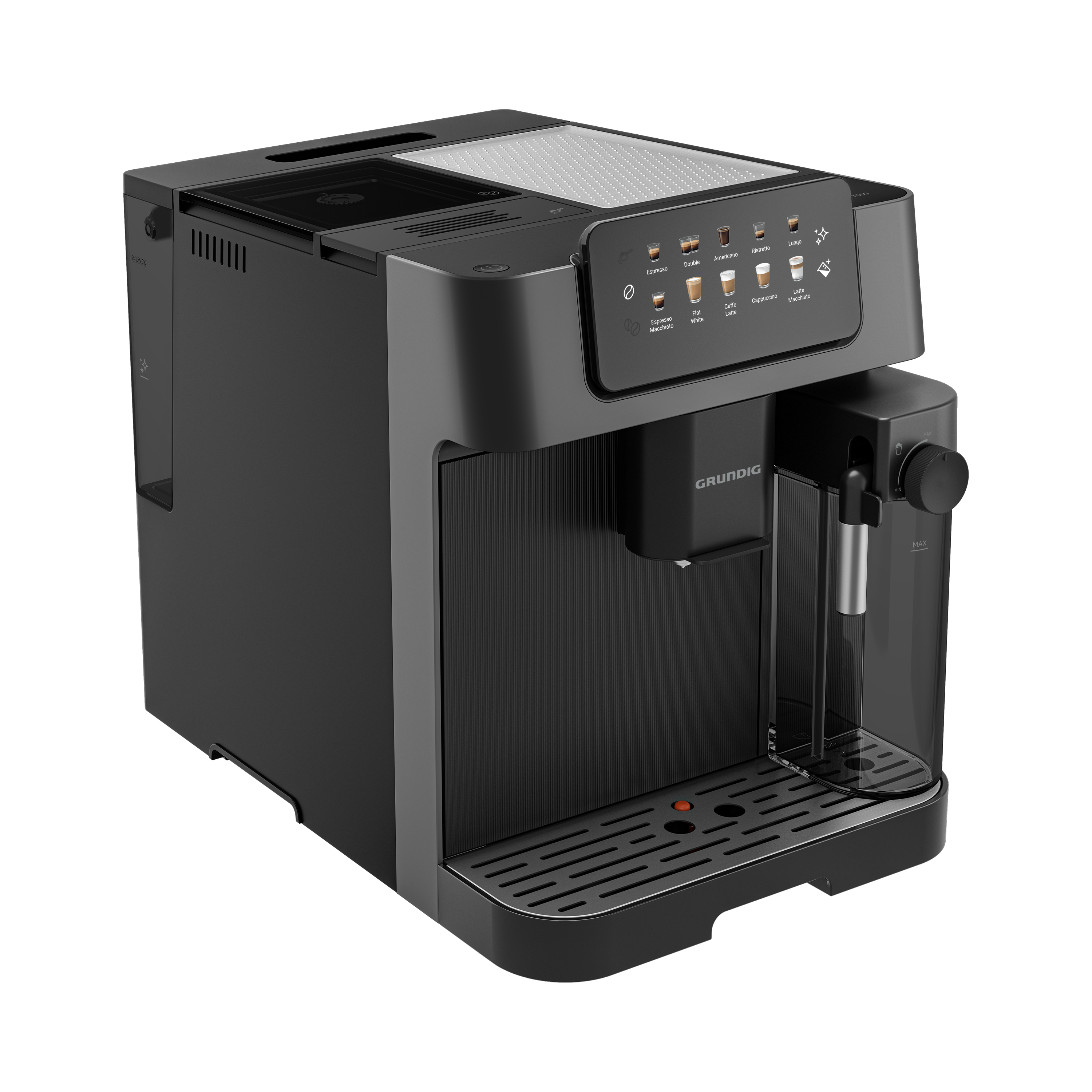 Siyah Grundig kahve makinesi. Birden fazla kahve türü seçeneği var. Cam bir su kabı.