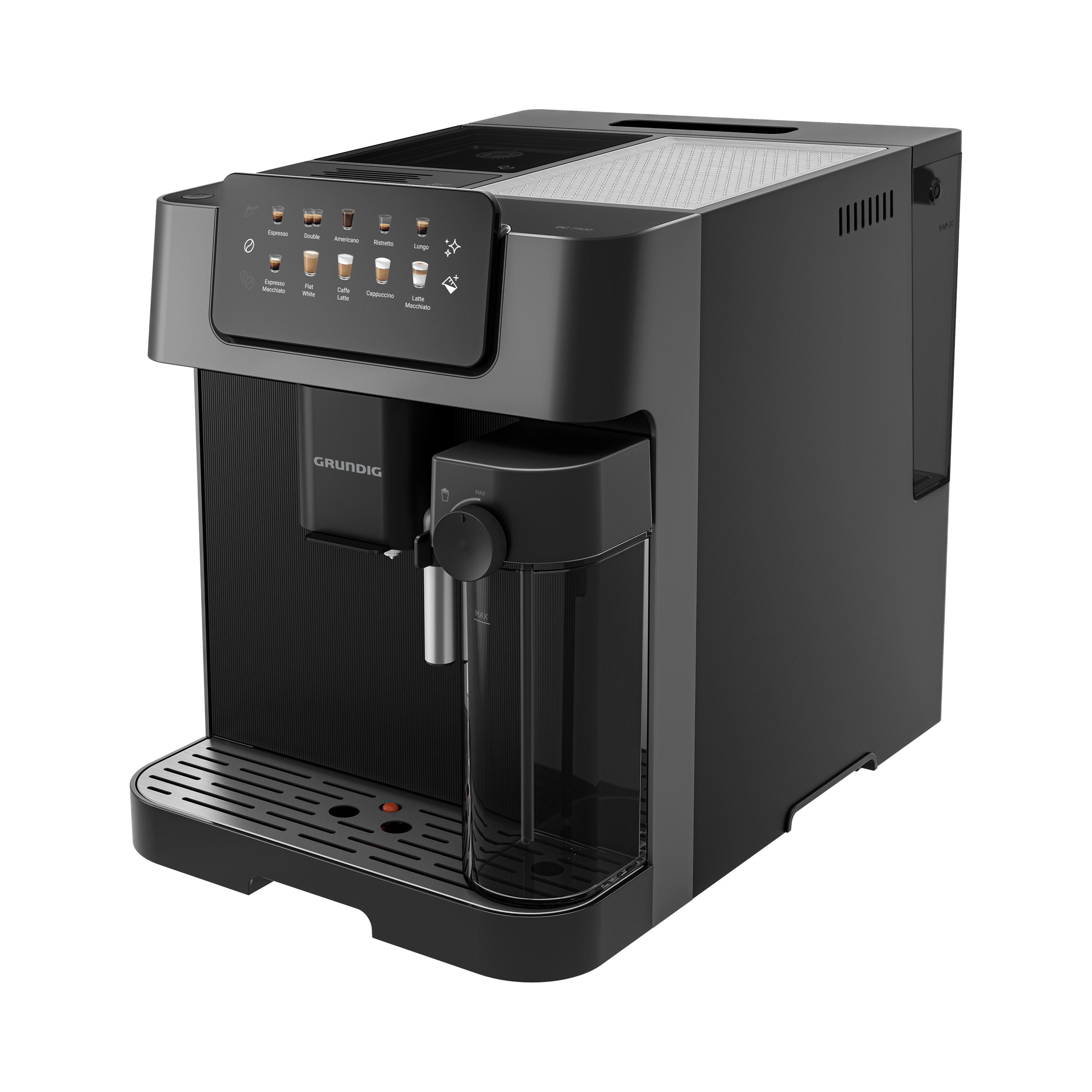 Dijital ekran ve su tankı olan siyah bir kahve makinesi.