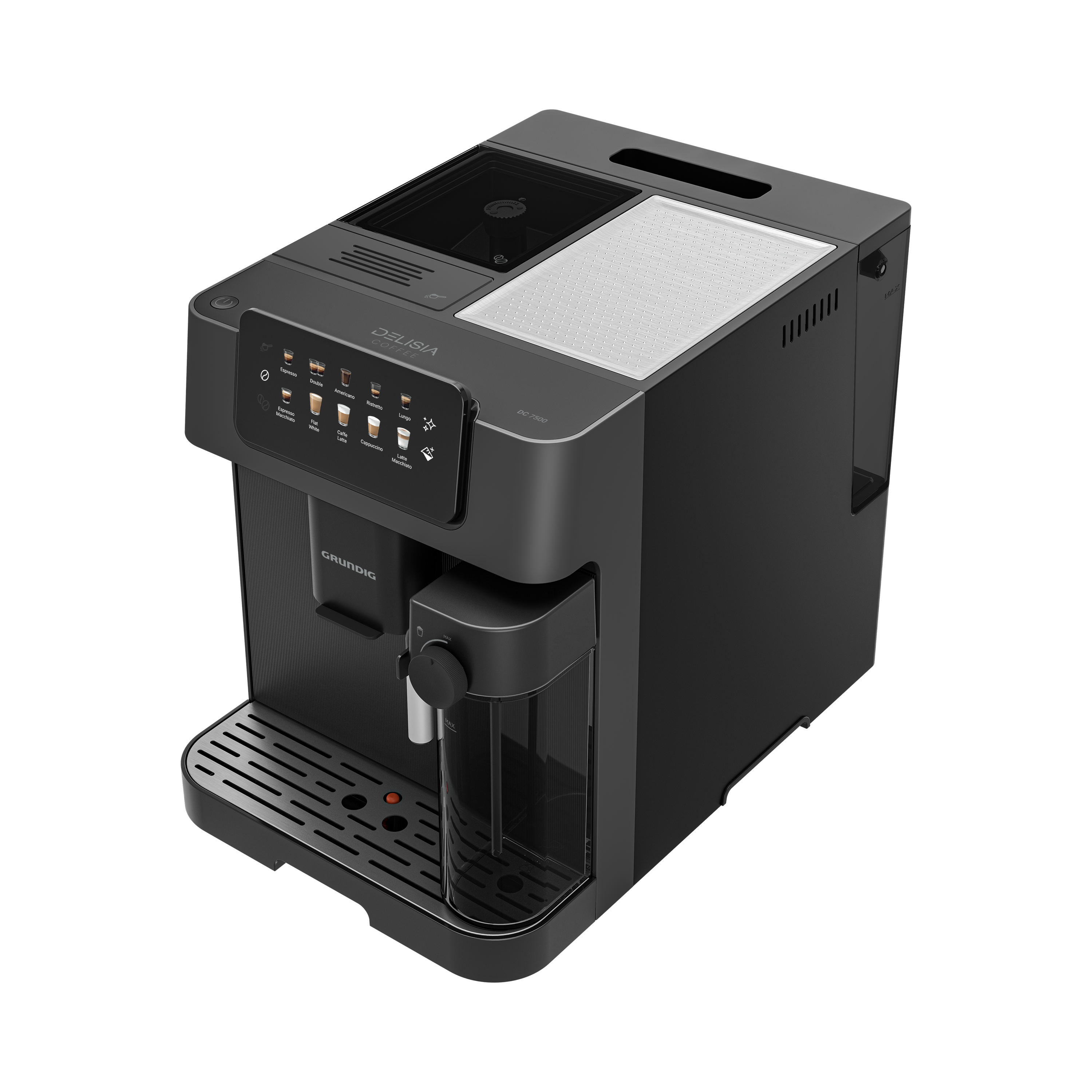 Dokunmatik ekranlı, su haznesi ve ağızlıklı siyah bir kahve makinesi.