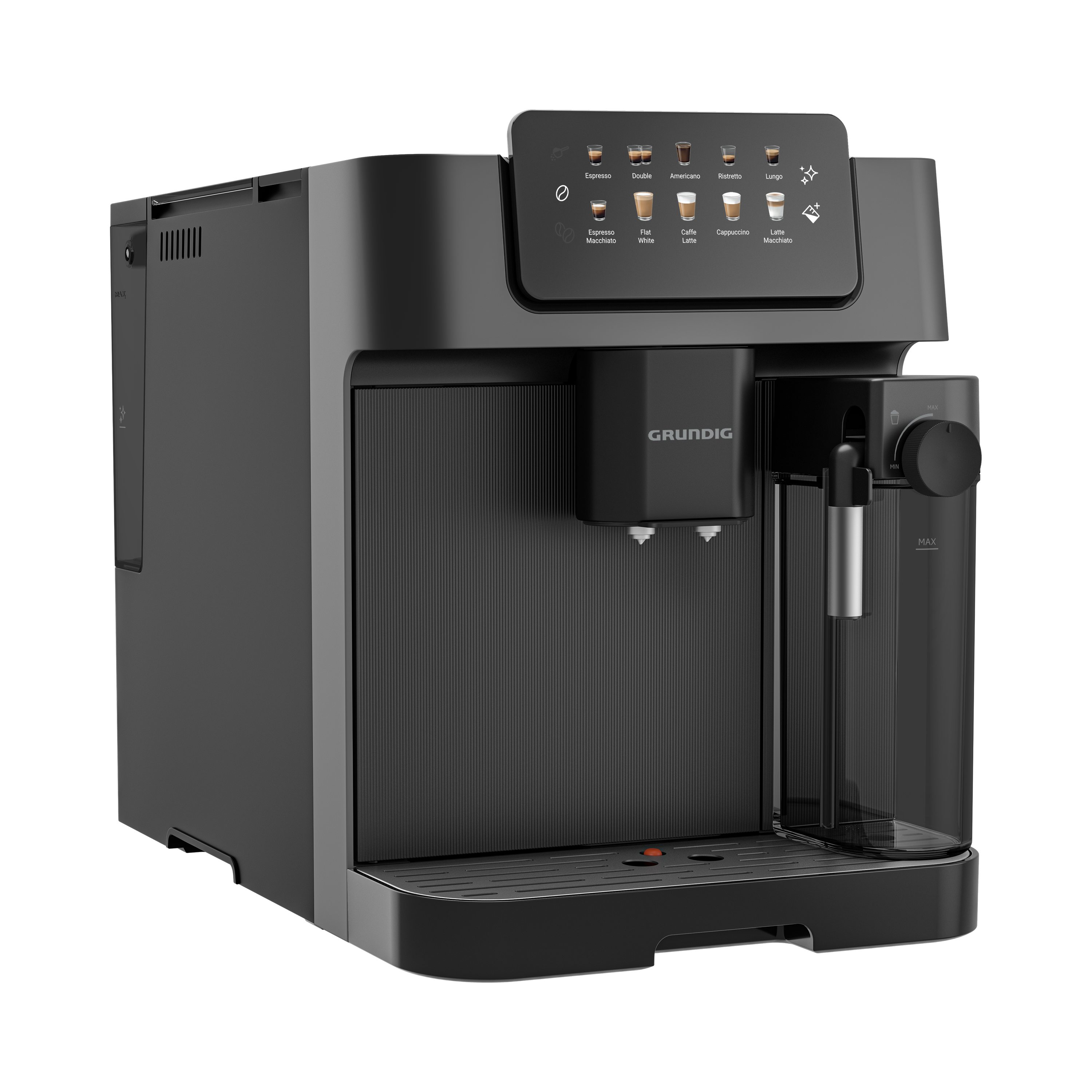 Üst panelde içecek seçenekleri olan siyah Grundig kahve makinesi, siyah arka plan.