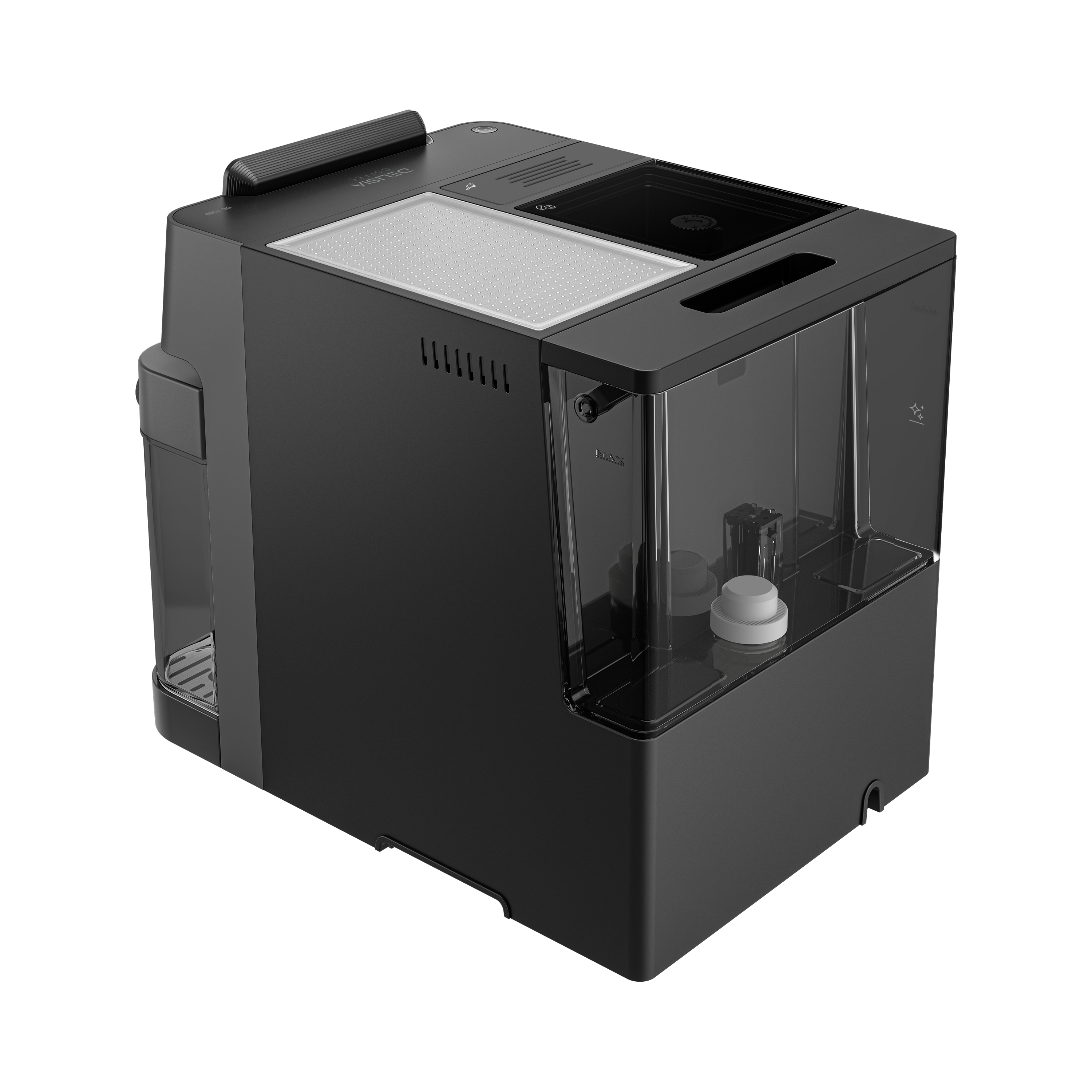 Su deposu ve dahili kahve makinesi olan siyah kahve makinesi.