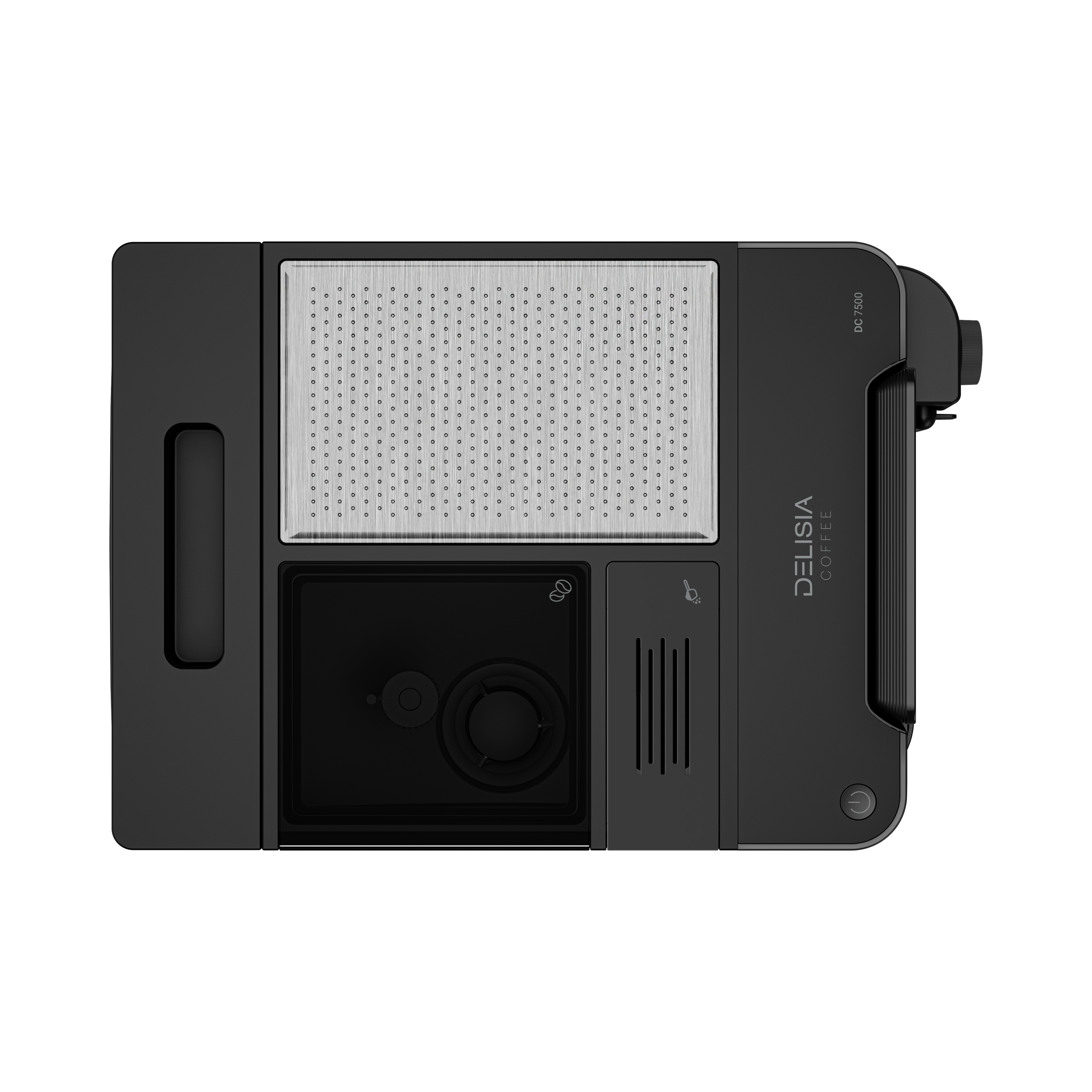 Siyah kahve makinesi, üstten görünüm. Gümüş panel, siyah tank, siyah kap. Siyah arka plan.