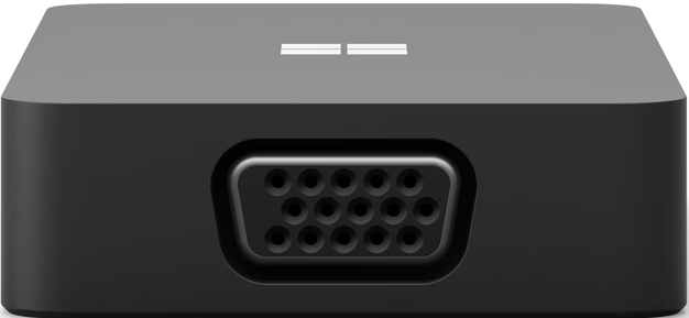 Adaptateur VGA noir Microsoft. Port VGA et logo Microsoft dessus.