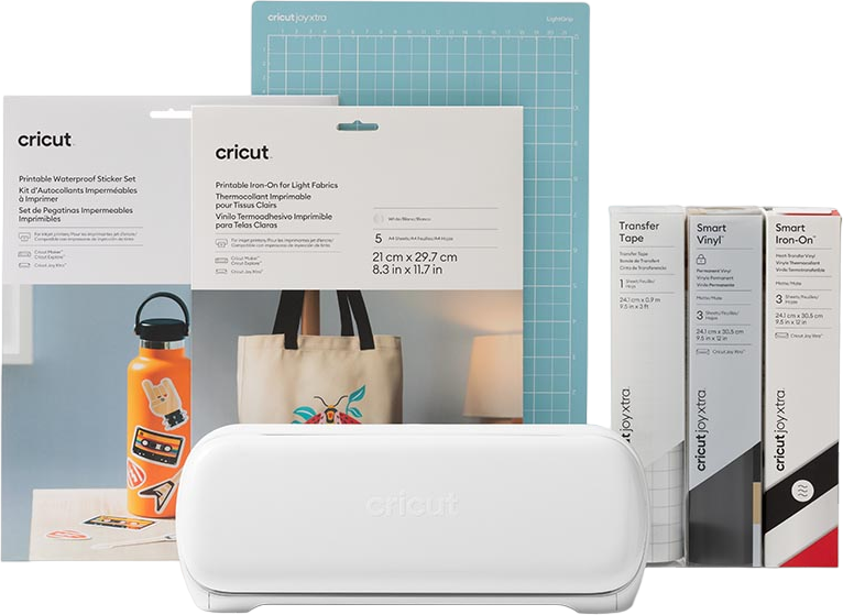 Cricut Bastelzubehör: Aufkleber-Set, Bügelfolien, Vinyl und eine Schneidemaschine.