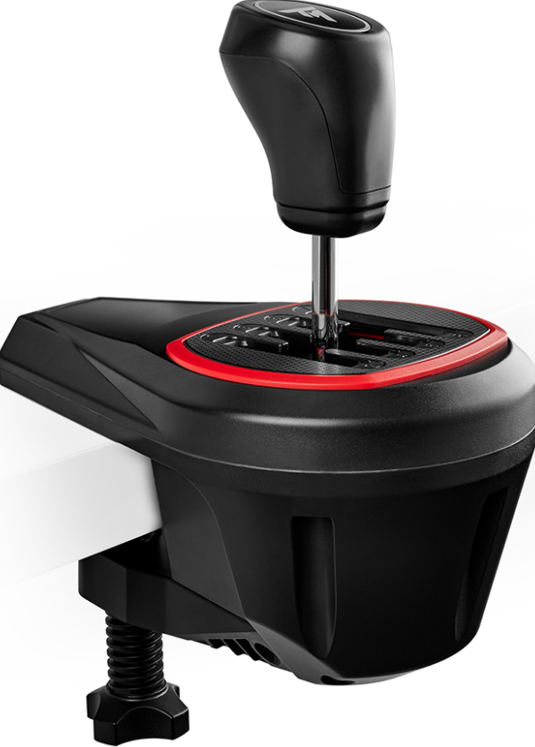 Un levier de vitesse noir avec une base de garniture rouge, fixé à une surface blanche.