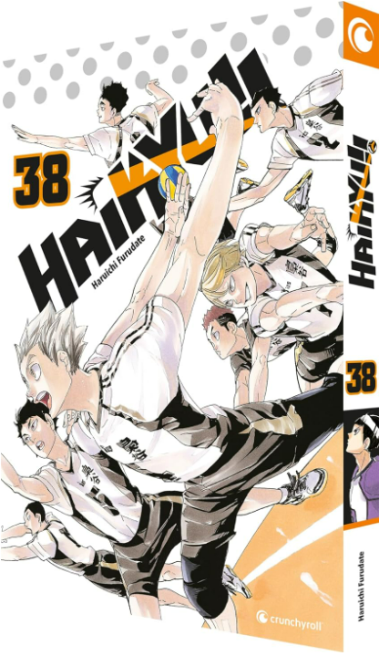Manga-Cover von Haikyu!! Band 38. Zeigt Volleyballspieler in Aktion mit fettem Titeltext.