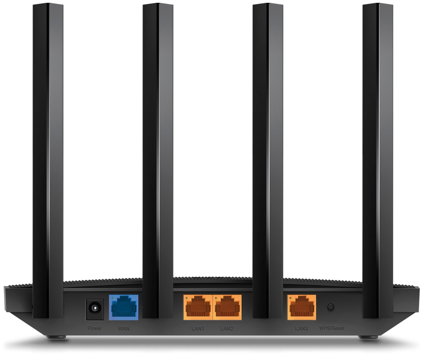 Fekete router négy antennával, WAN, LAN1, LAN2, LAN3 és WPS/Reset portokkal.