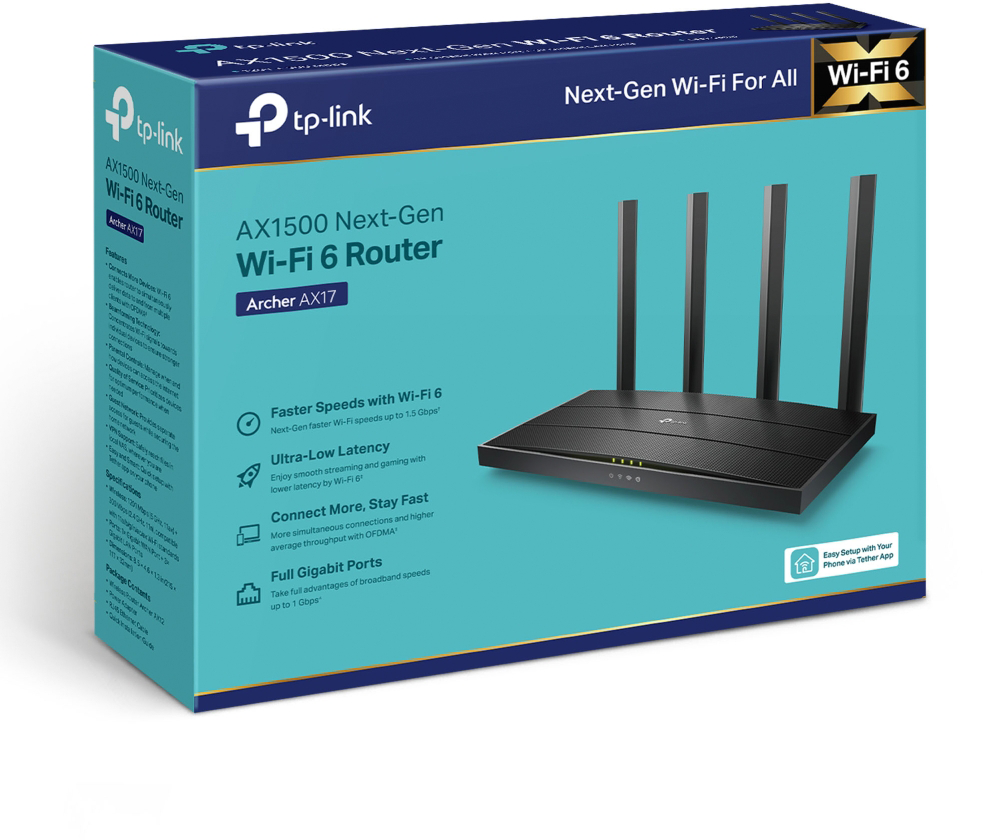 Router doboz, 'AX1500 Next-Gen Wi-Fi 6 Router' szöveggel, fekete routerrel, fehér háttér.
