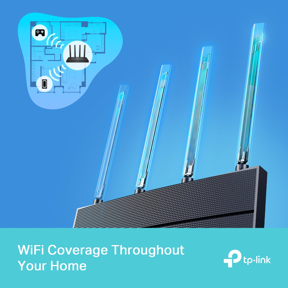 Wi-Fi router antennákkal, otthoni terven mutatja a lefedettséget.