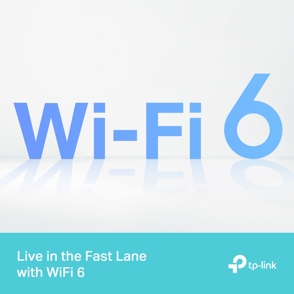 Kék Wi-Fi 6 szöveg fehér háttéren, türkiz lábléccel és TP-Link logóval.