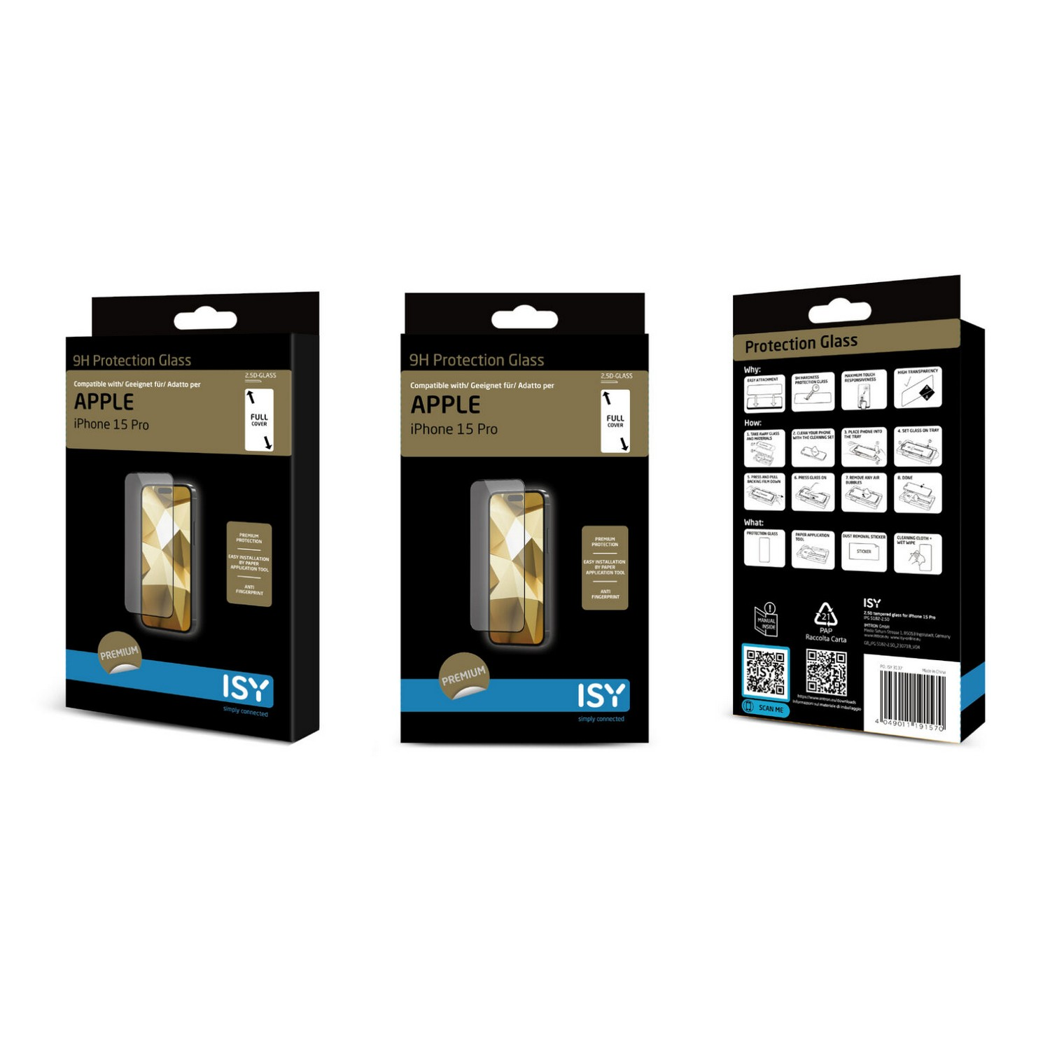 Trois boîtes de protecteurs d'écran pour iPhone 15 Pro. Boîtes noires avec une image de téléphone et du texte blanc.