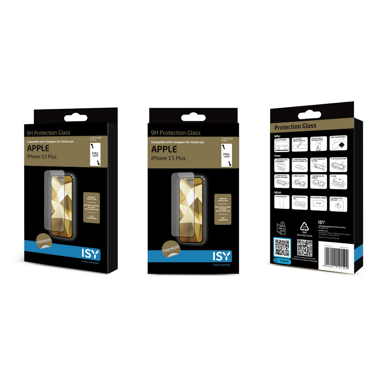 Drie dozen telefoonbeschermers, met het product en details.
